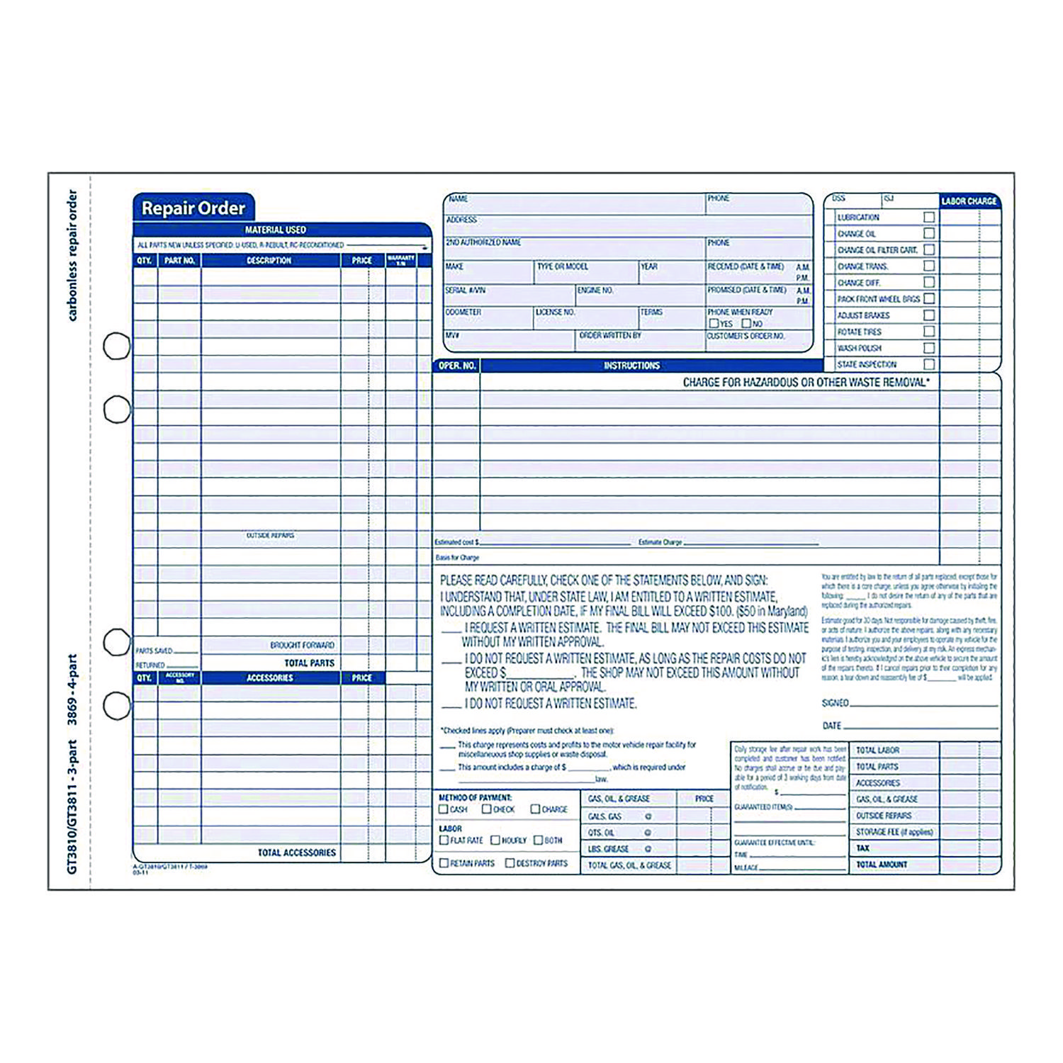 Adams® Multipart Auto Repair Work Order Forms with Checklist for Routine Jobs, Three-Part Carbonless, 10.94 x 8.5, 50 Forms Total