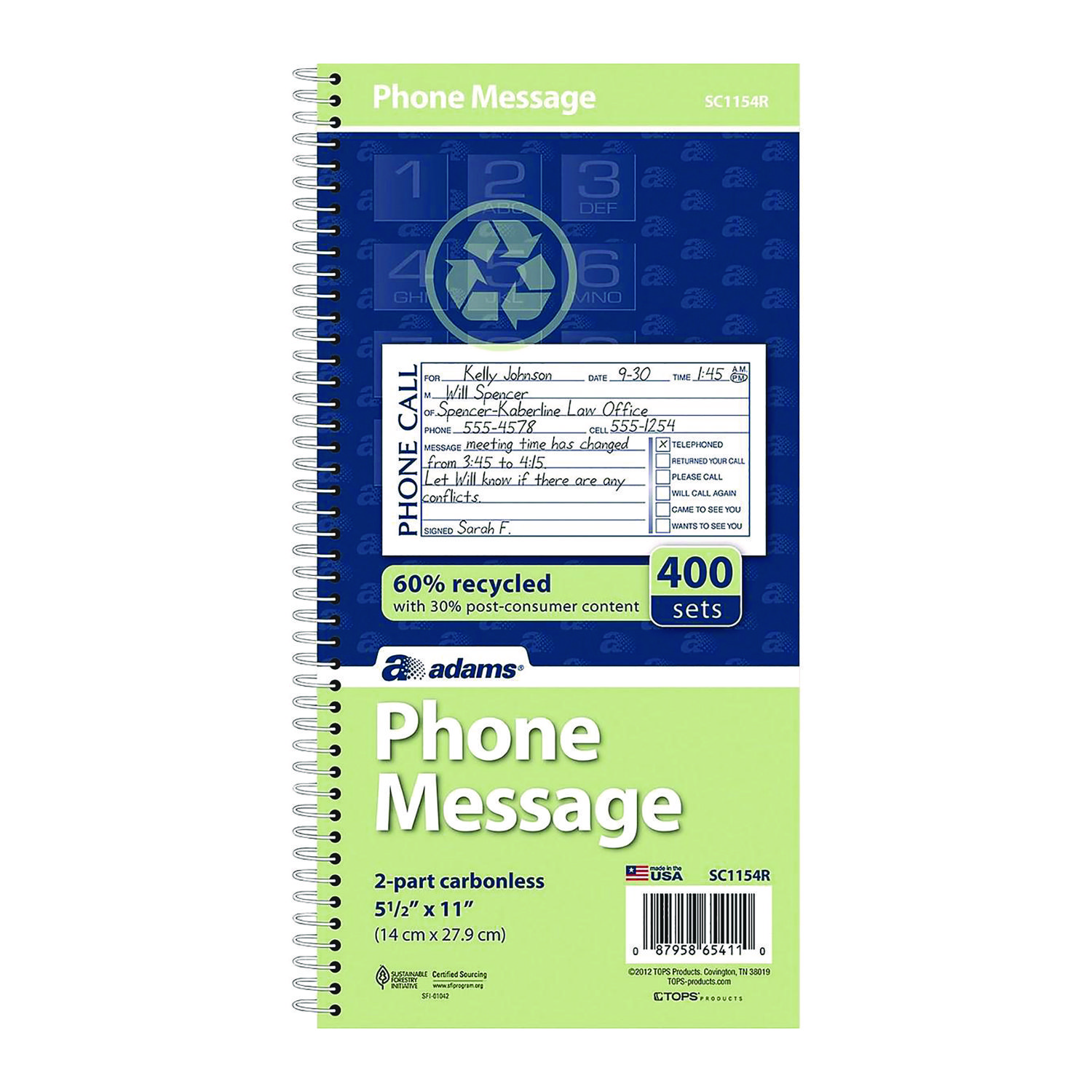 Adams® Wirebound Telephone Message Book, Two-Part Carbonless, 4.75 x 2.75, 4 Forms/Sheet, 400 Forms Total