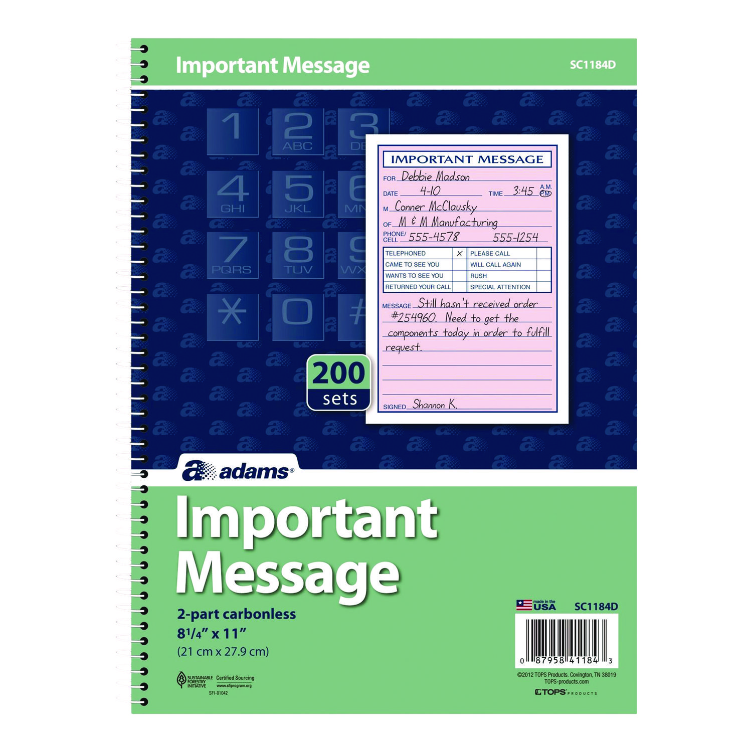 Adams® Important Message Book, Two-Part Carbonless, 4 Forms/Sheet, 200 Forms Total