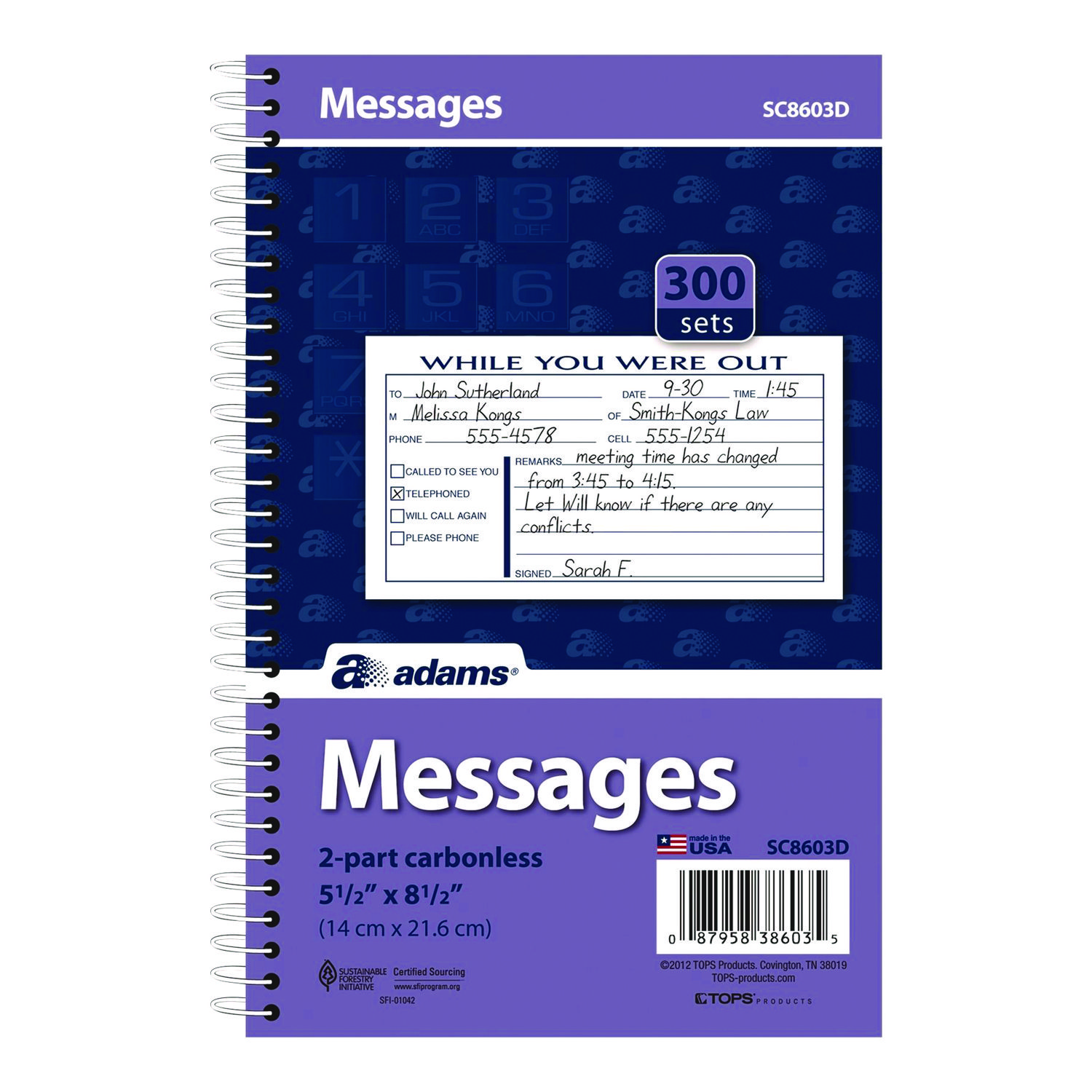 Adams® While You Were Out Messages Book, Two-Part Carbonless, 5 x 2.83, 3 Forms/Sheet, 300 Forms Total