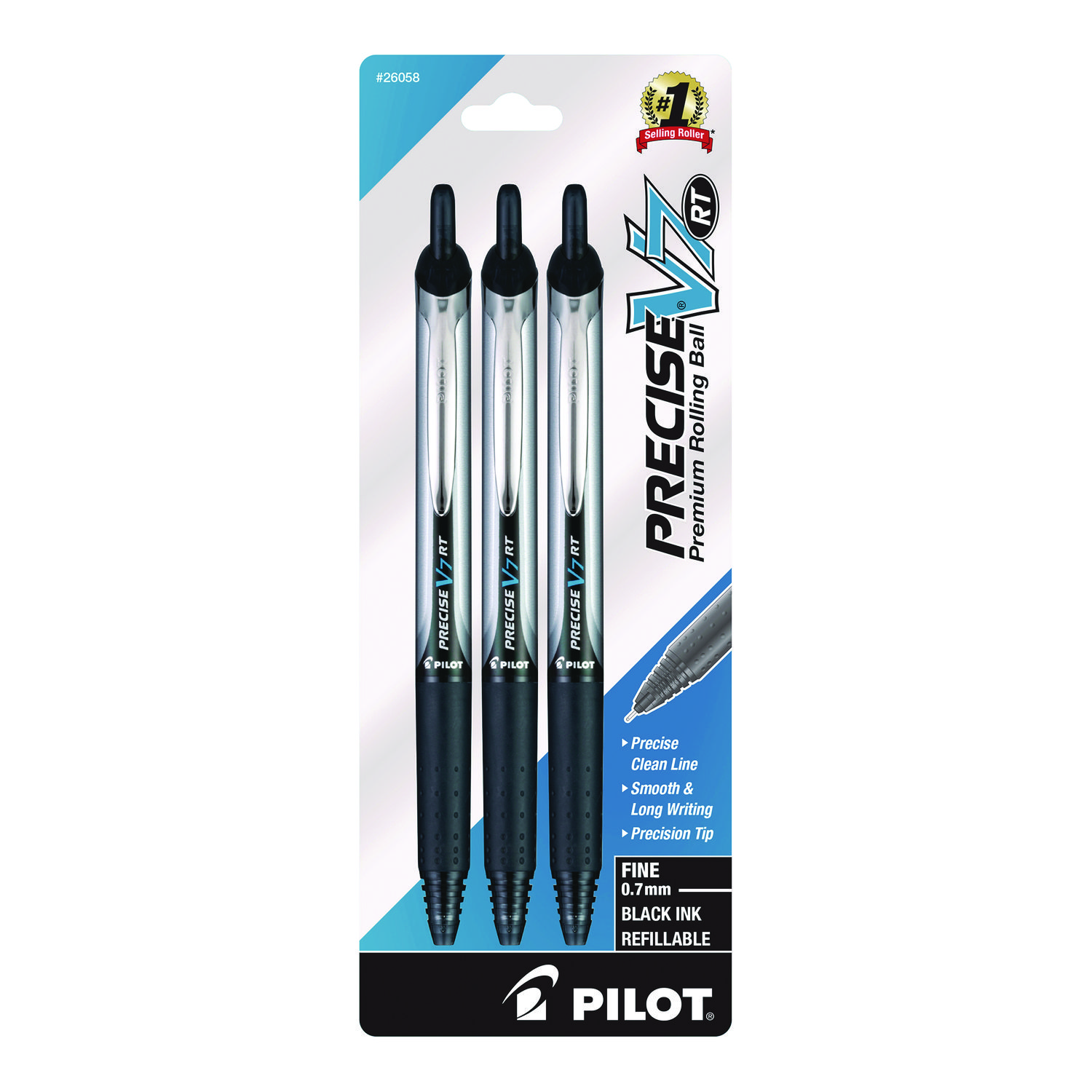 Pilot® Precise V7RT Roller Ball Pen, Retractable, Fine 0.7 mm, Black Ink and Barrel, 3/Pack