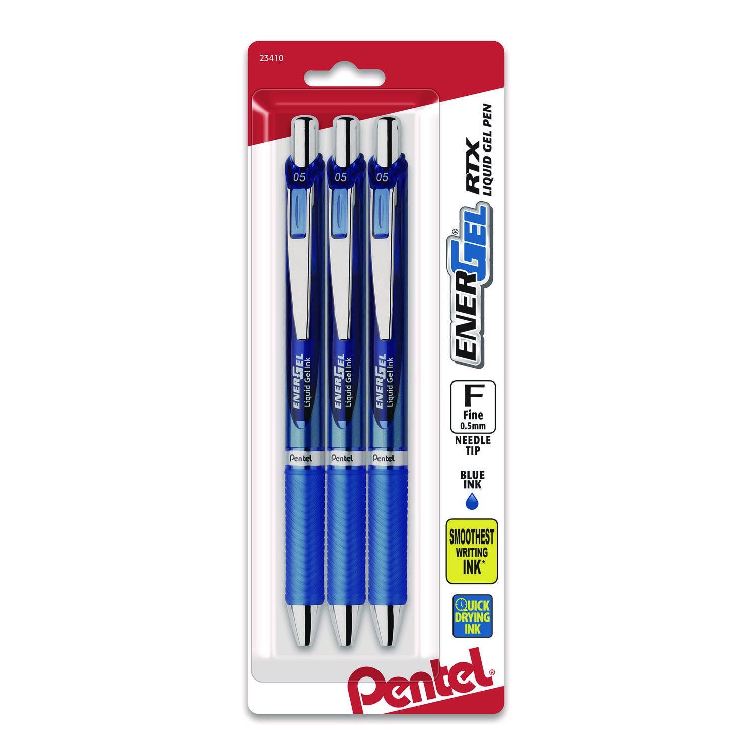 Pentel® EnerGel RTX Deluxe Gel Pen, Retractable, Fine 0.5 mm, Blue Ink, Blue/Silver Barrel, 3/Pack