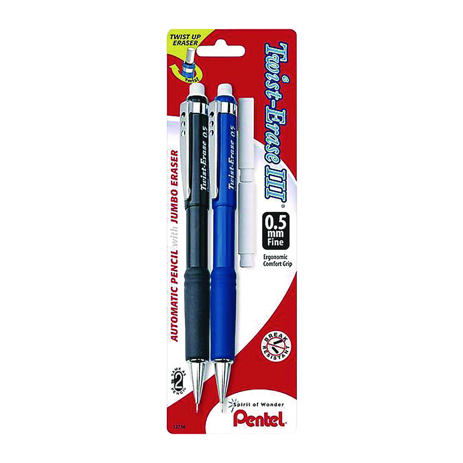 Pentel® Twist-Erase III Mechanical Pencil, 0.5 mm, HB (#2), Black Lead, Black/Blue Barrel, 2/Pack