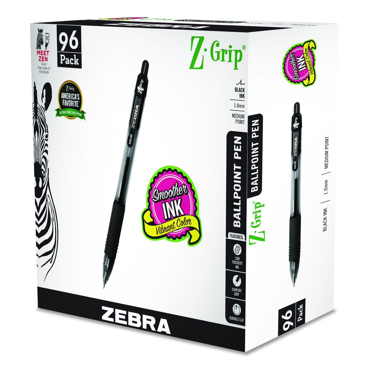 Z-Grip Ballpoint Pen, Retractable, Medium, 1 mm, Black Ink, Clear