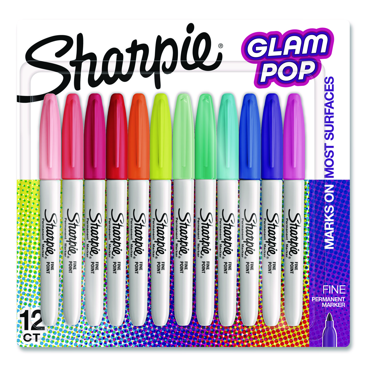 Glam Pop Permanent Markers, Fine Bullet Tip, Assorted Colors, 12/Pack