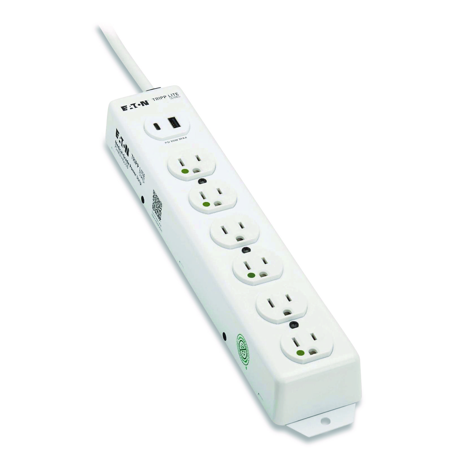 Tripp Lite Safe-IT Medical-Grade Power Strip with Antimicrobial Protection, 6 Hospital-Grade Outlets, USB Charging, 2 ft Cord, White