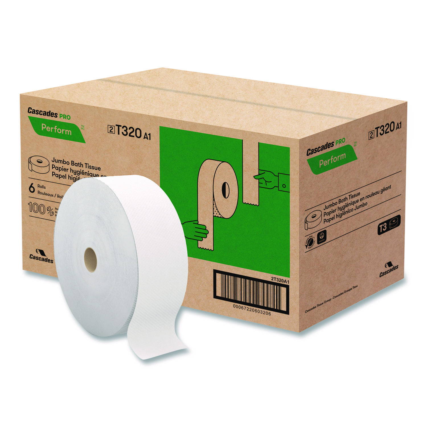 Perform Bath Tissue for Tandem Dispensers, Septic Safe, 2-Ply, 3.45" x 1,250 ft, White,  6 Rolls/Carton