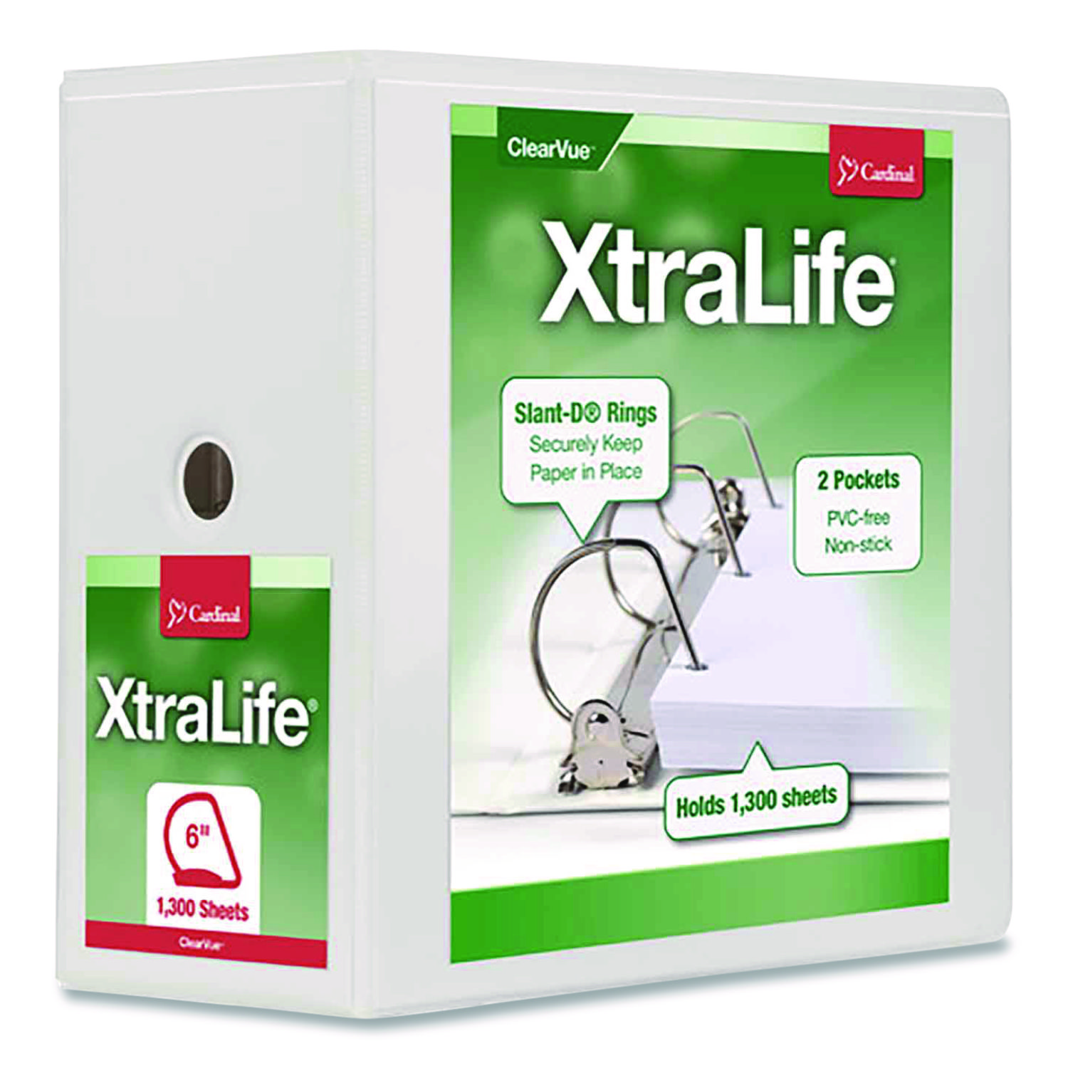 XtraLife ClearVue Non-Stick Slant-D Ring Binder, 3 Rings, 6" Capacity, 11 x 8.5, White