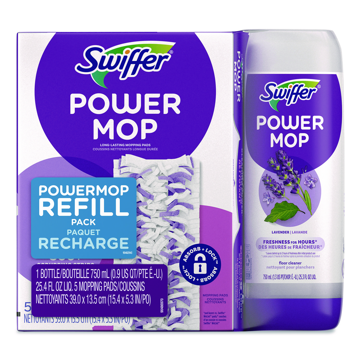 PowerMop Cleaning Solution and Pads Refill Pack, Lavender Scent, 25.3 oz Bottle and 5 Pads/Pack