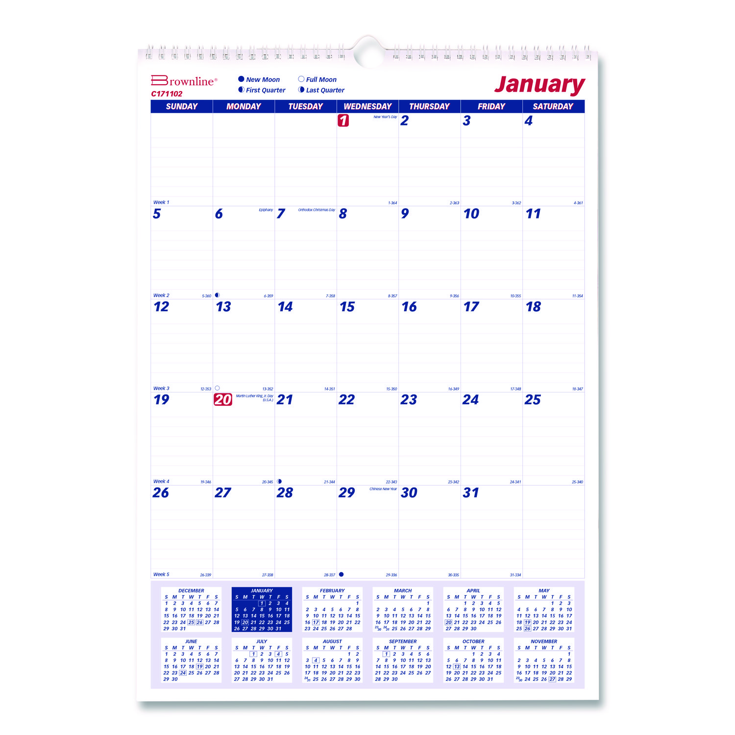 Twin-Wirebound Wall Calendar, One Month per Page, 12 x 17, White Sheets, 12-Month (Jan to Dec): 2025