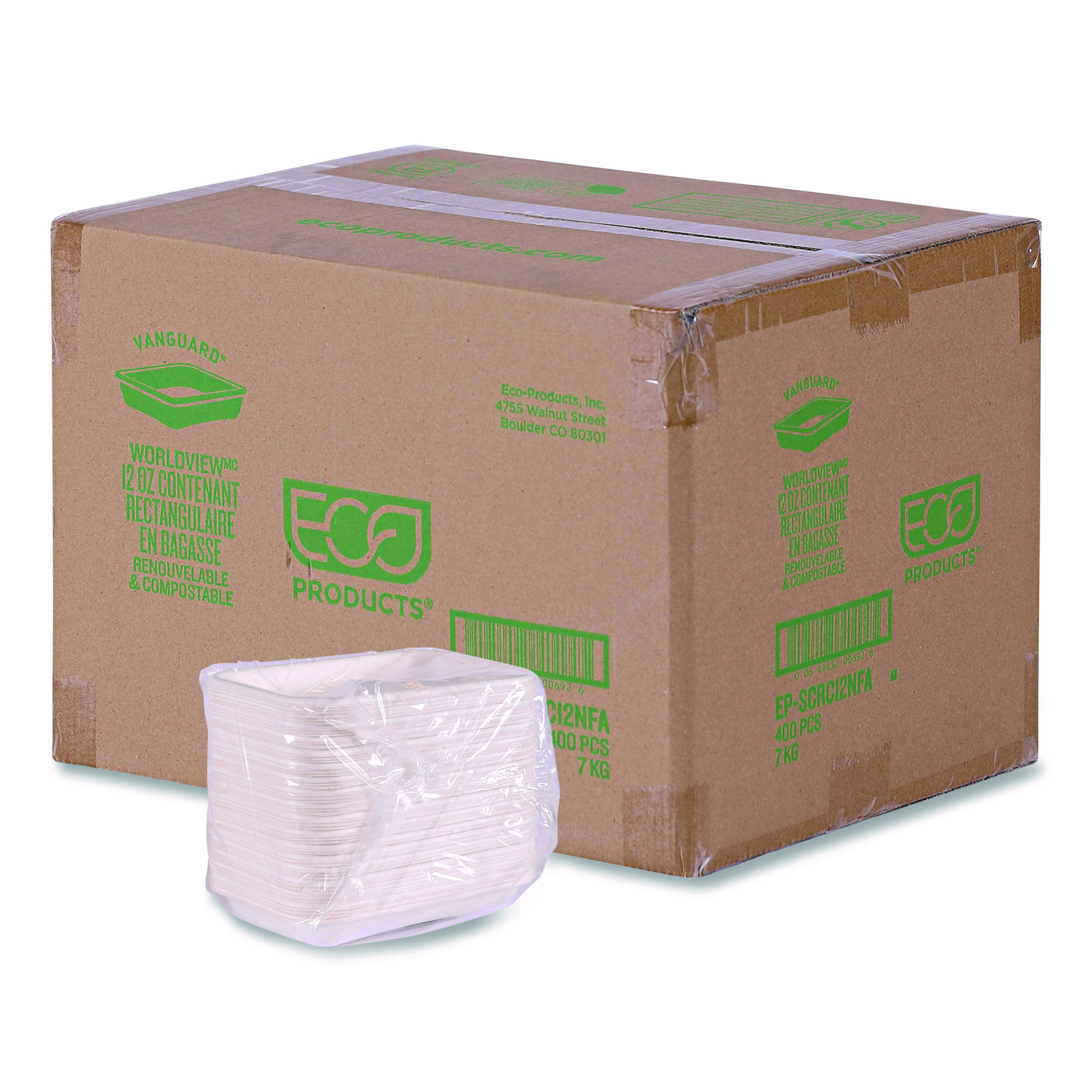 Eco-Products® WorldView Vanguard Rectangular Container, 12 oz, 7 x 4.75 x 1, Sugarcane Fiber, White, 400/Carton