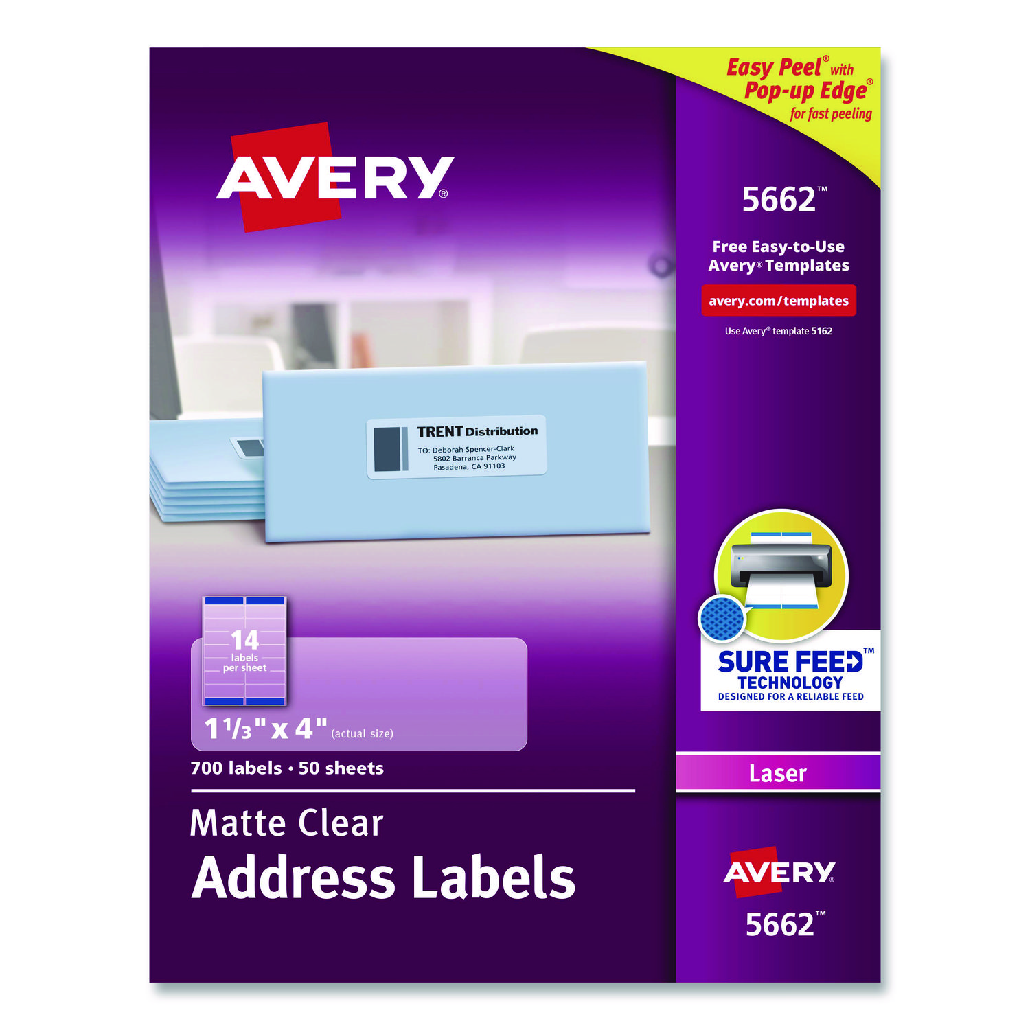 Matte Clear Easy Peel Mailing Labels w/ Sure Feed Technology, Laser Printers, 1.33 x 4, Clear, 14/Sheet, 50 Sheets/Box