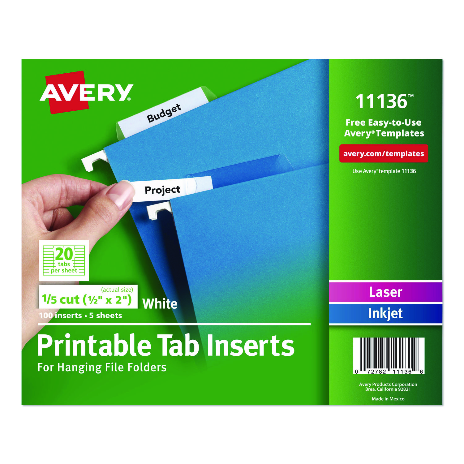 Tabs Inserts For Hanging File Folders, 1/5-Cut, White, 2" Wide, 100/Pack