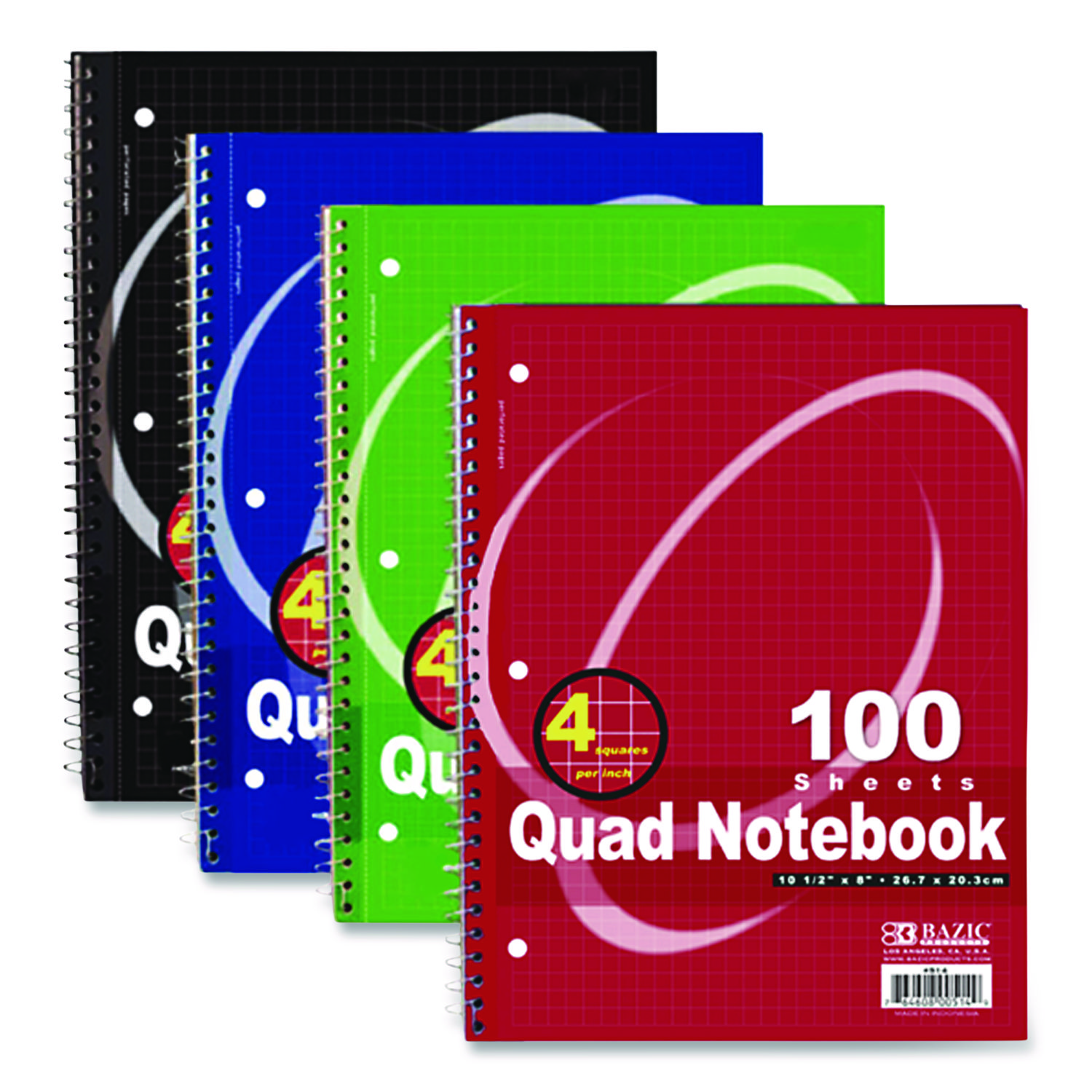 Spiral Notebooks, 1-Subject, Quadrille Rule (4 sq/in), Randomly Assorted Cover Color, (100) 10.5 x 8 Sheets