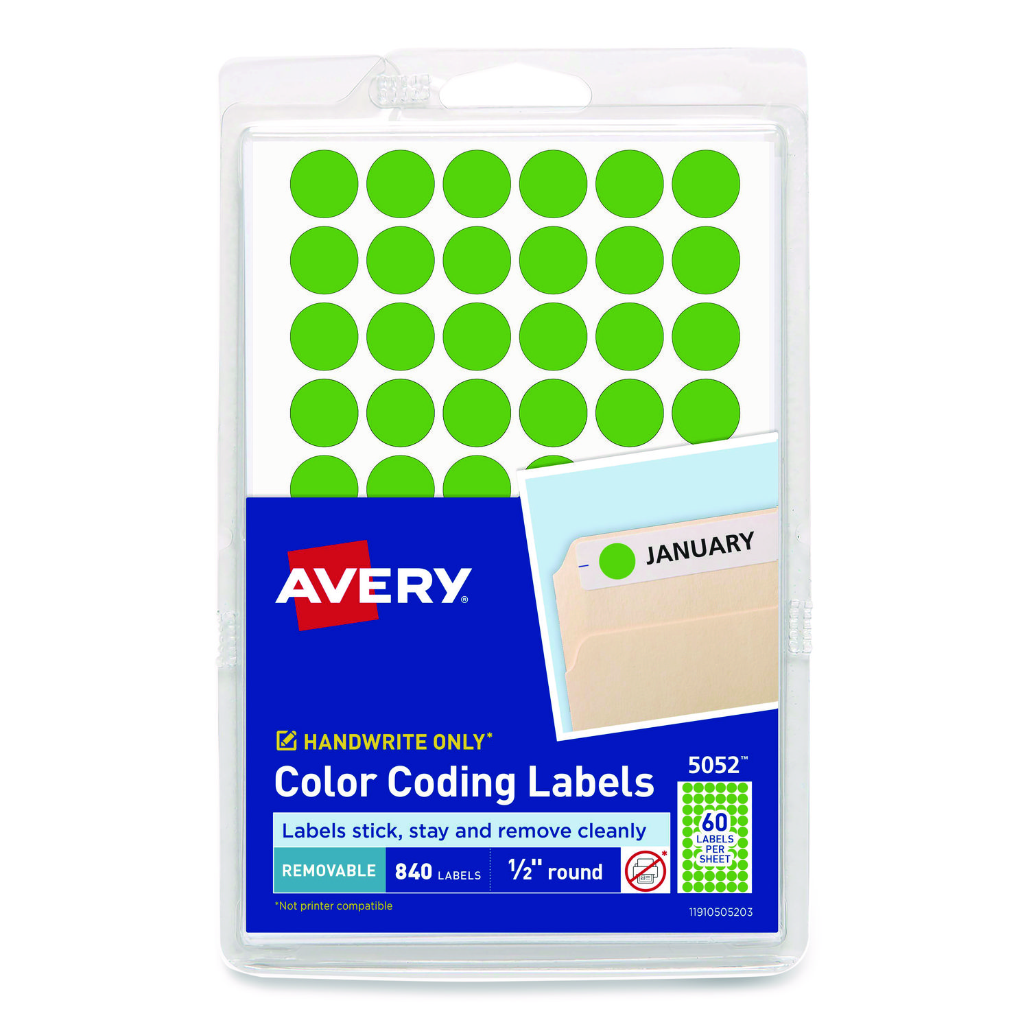 Handwrite Only Self-Adhesive Removable Round Color-Coding Labels, 0.5" dia, Neon Green, 60/Sheet, 14 Sheets/Pack, (5052)