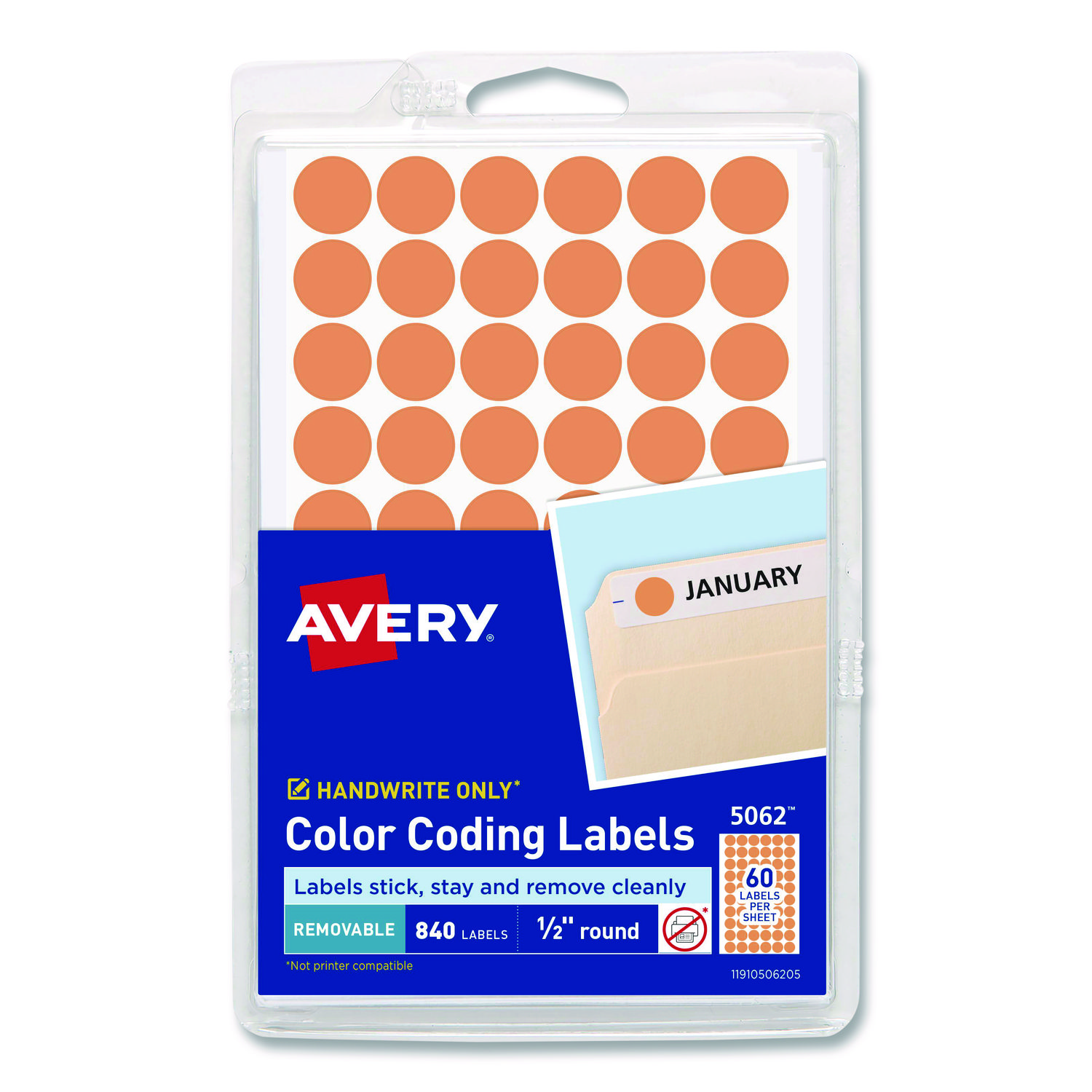 Handwrite Only Self-Adhesive Removable Round Color-Coding Labels, 0.5" dia, Neon Orange, 60/Sheet, 14 Sheets/Pack, (5062)