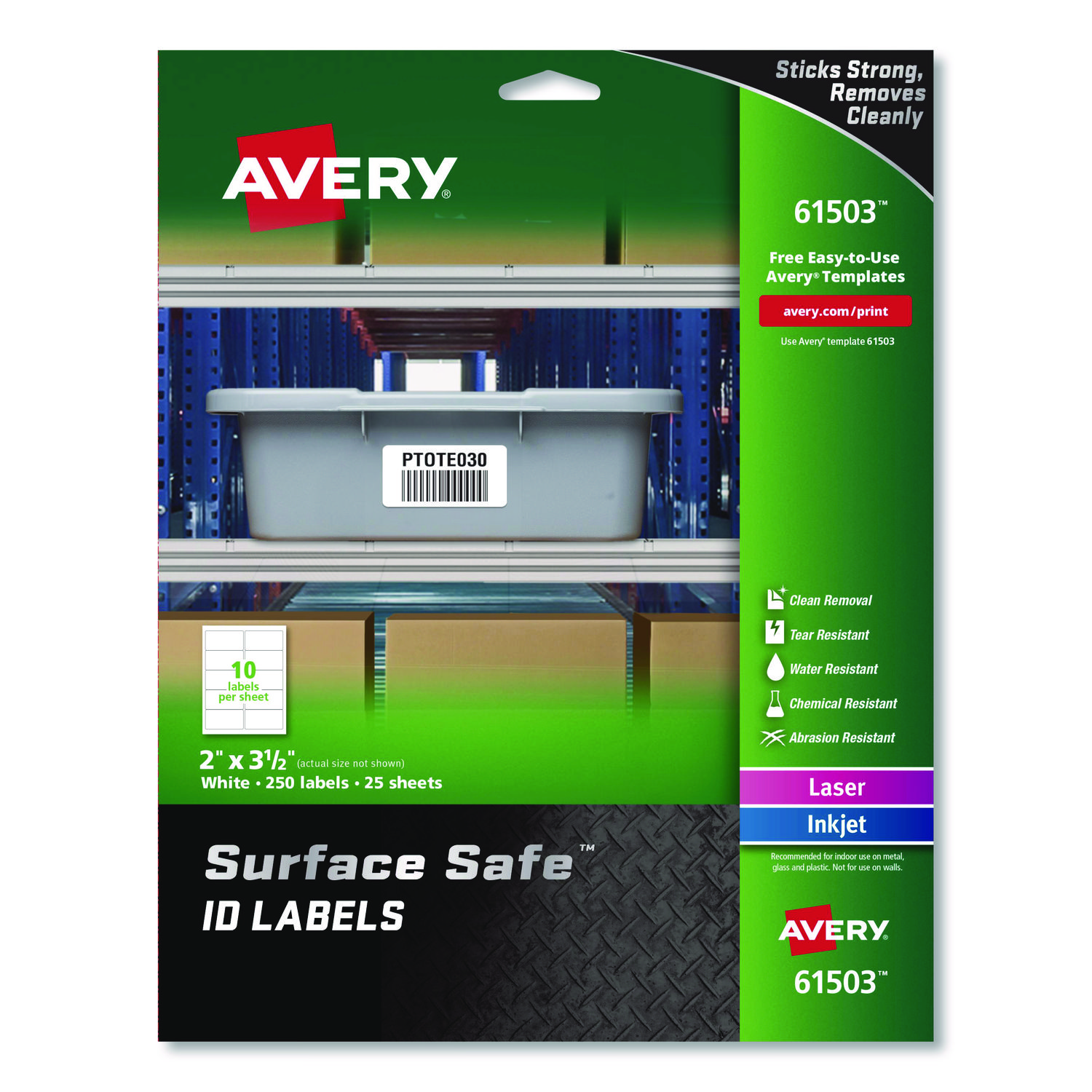 Surface Safe ID Labels, Inkjet/Laser Printers, 2 x 3.5, White, 10/Sheet, 25 Sheets/Pack