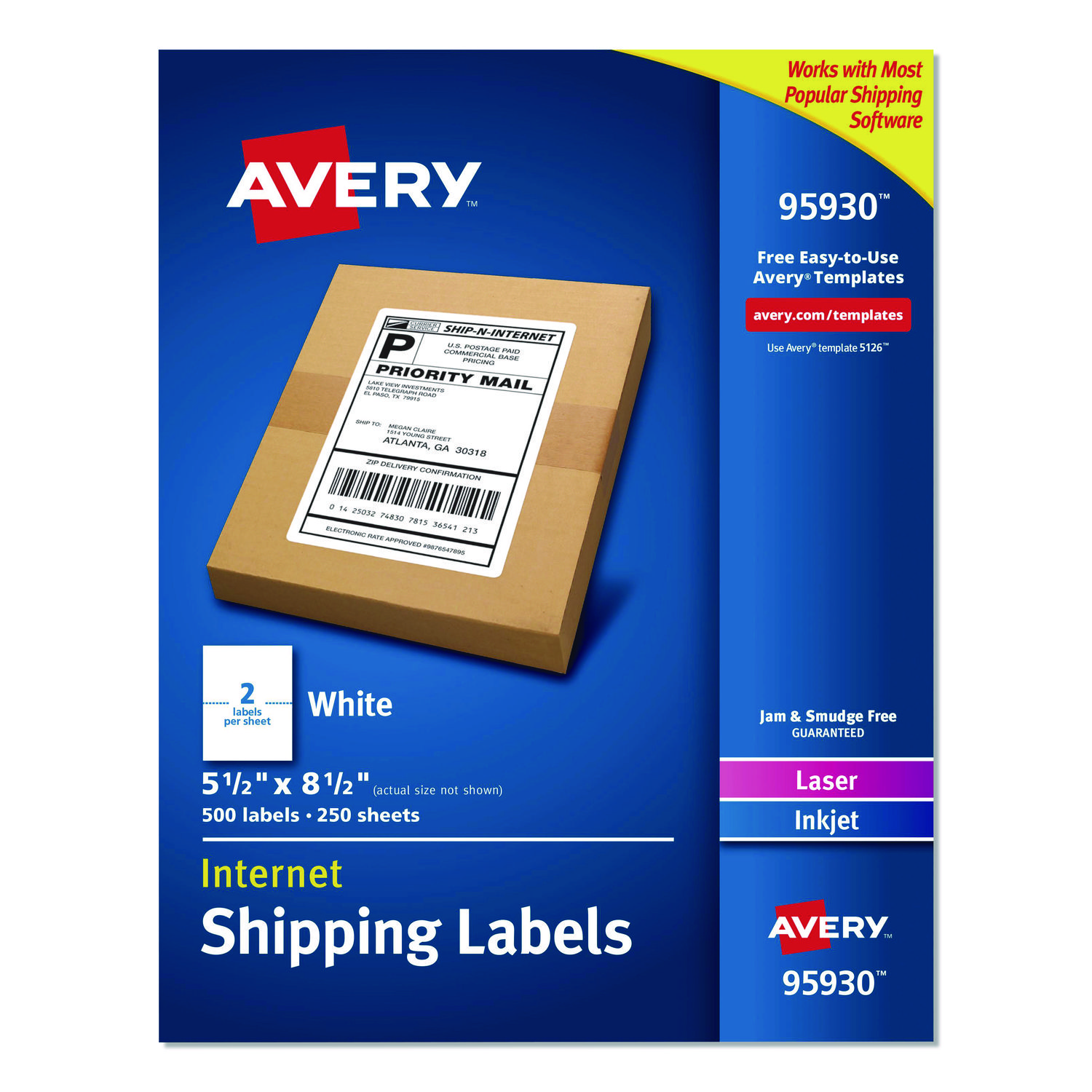 White Shipping Labels-Bulk Packs, Inkjet/Laser Printers, 5.5 x 8.5, White, 2/Sheet, 250 Sheets/Box