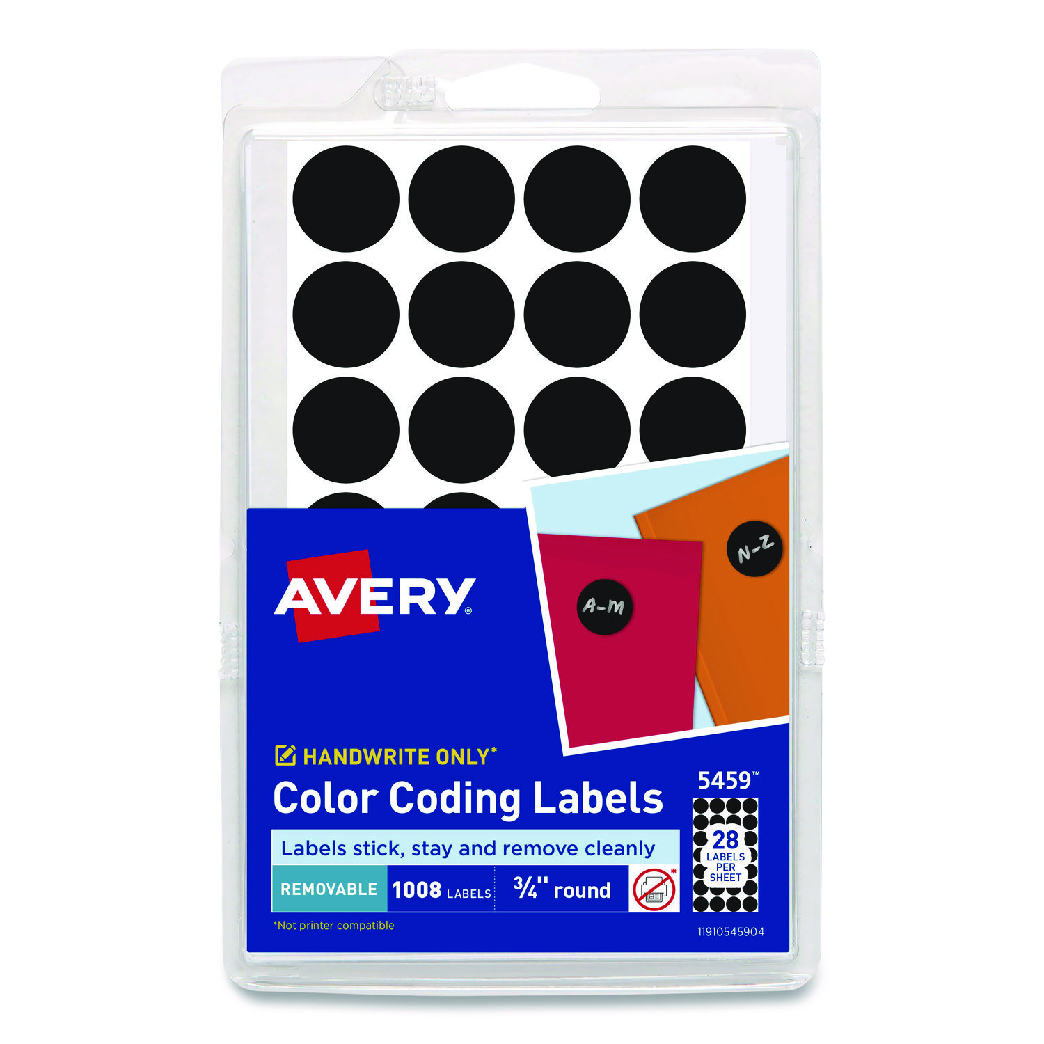 Handwrite Only Self-Adhesive Removable Round Color-Coding Labels, 0.75" dia, Black, 28/Sheet, 36 Sheets/Pack, (5459)