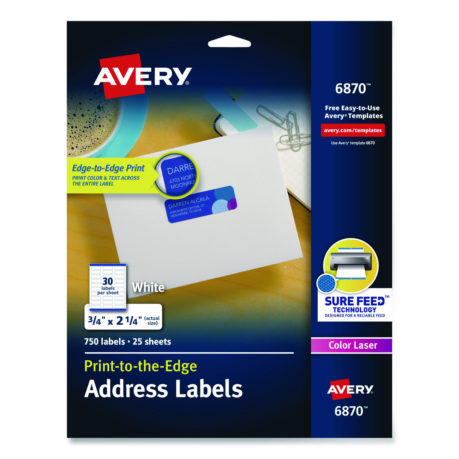 Vibrant Laser Color-Print Labels w/ Sure Feed, 0.75 x 2.25, White, 750/PK