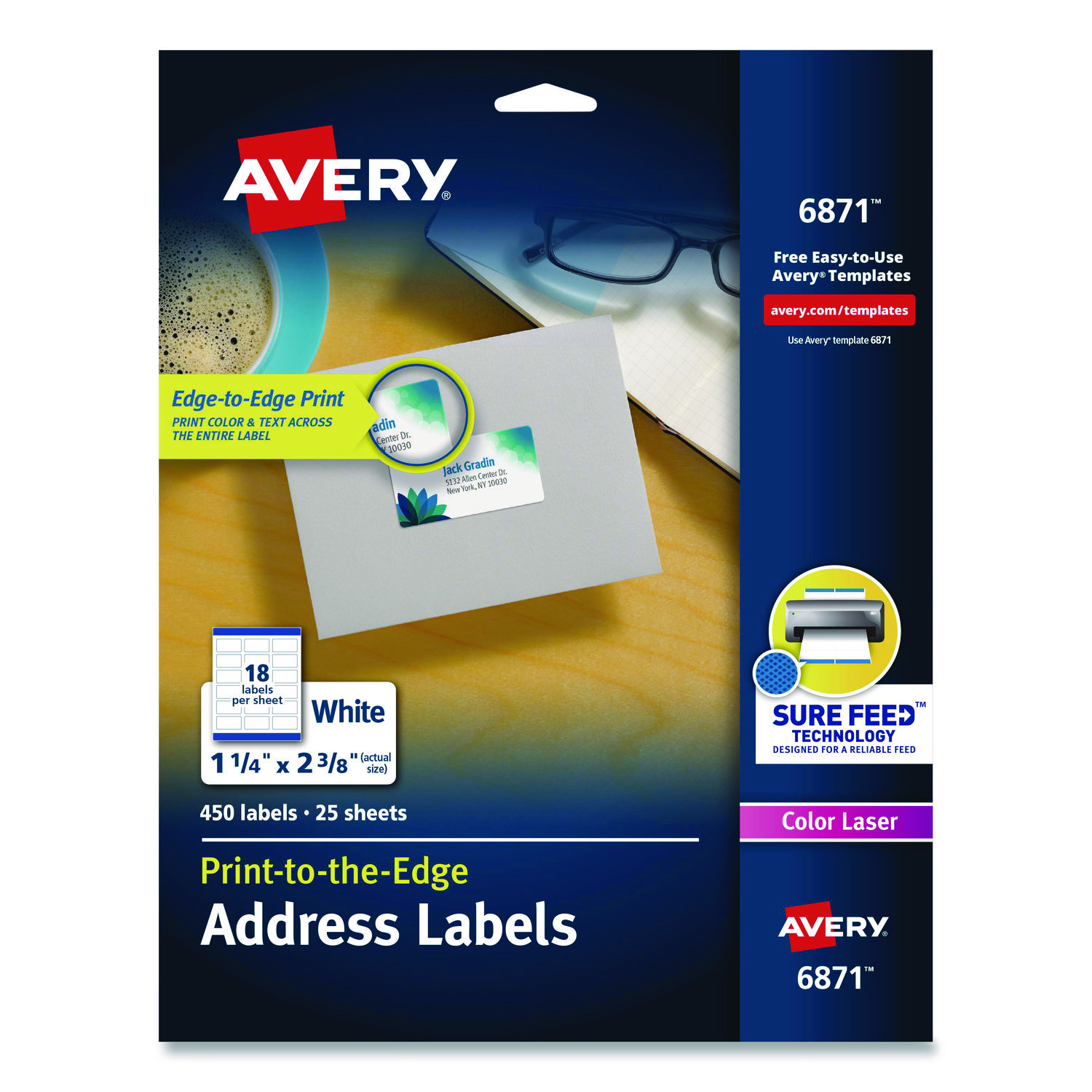 Vibrant Laser Color-Print Labels w/ Sure Feed, 1.25 x 2.38, White, 450/Pack