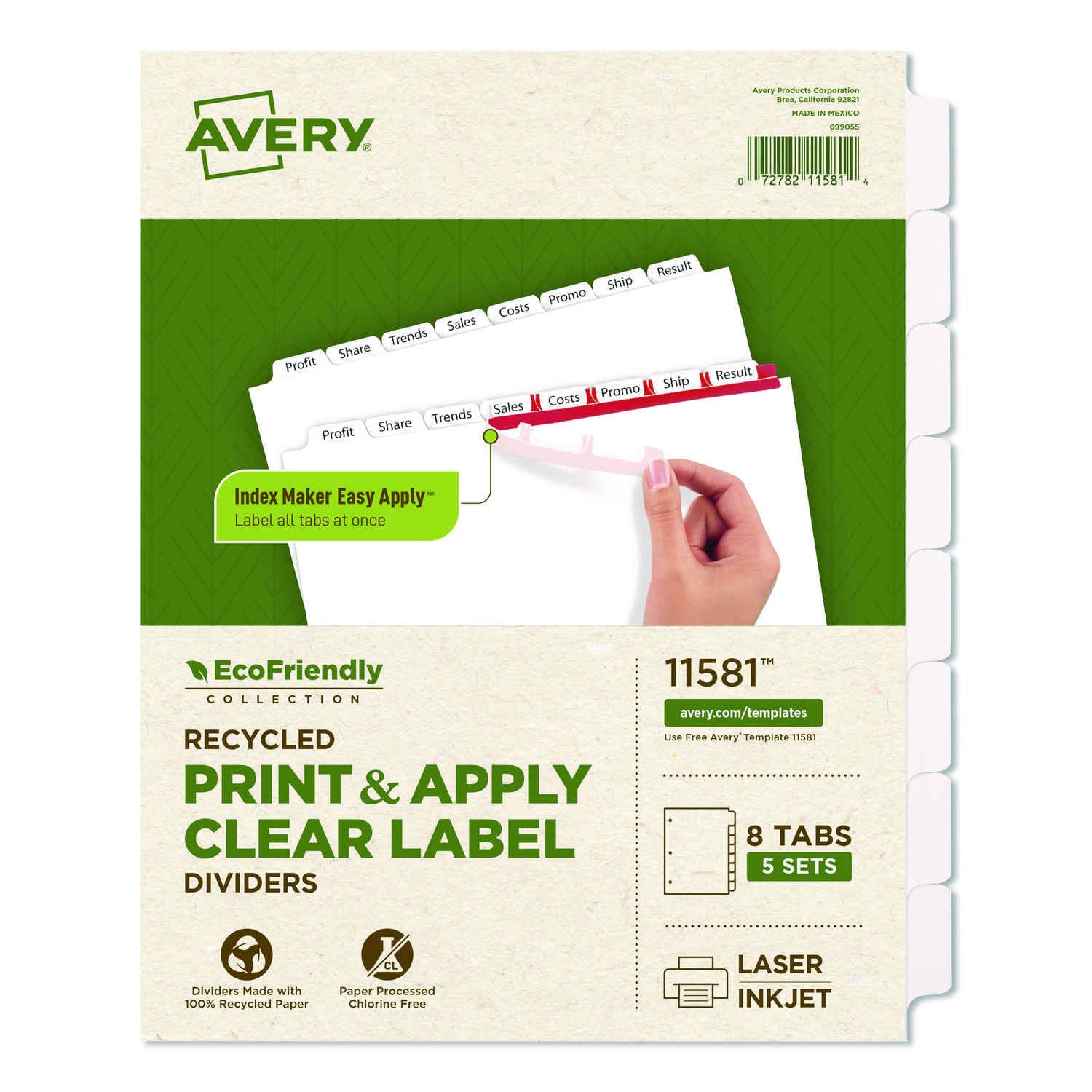 Index Maker EcoFriendly Print and Apply Clear Label Dividers with White Tabs, 8-Tab, 11 x 8.5, White, 5 Sets