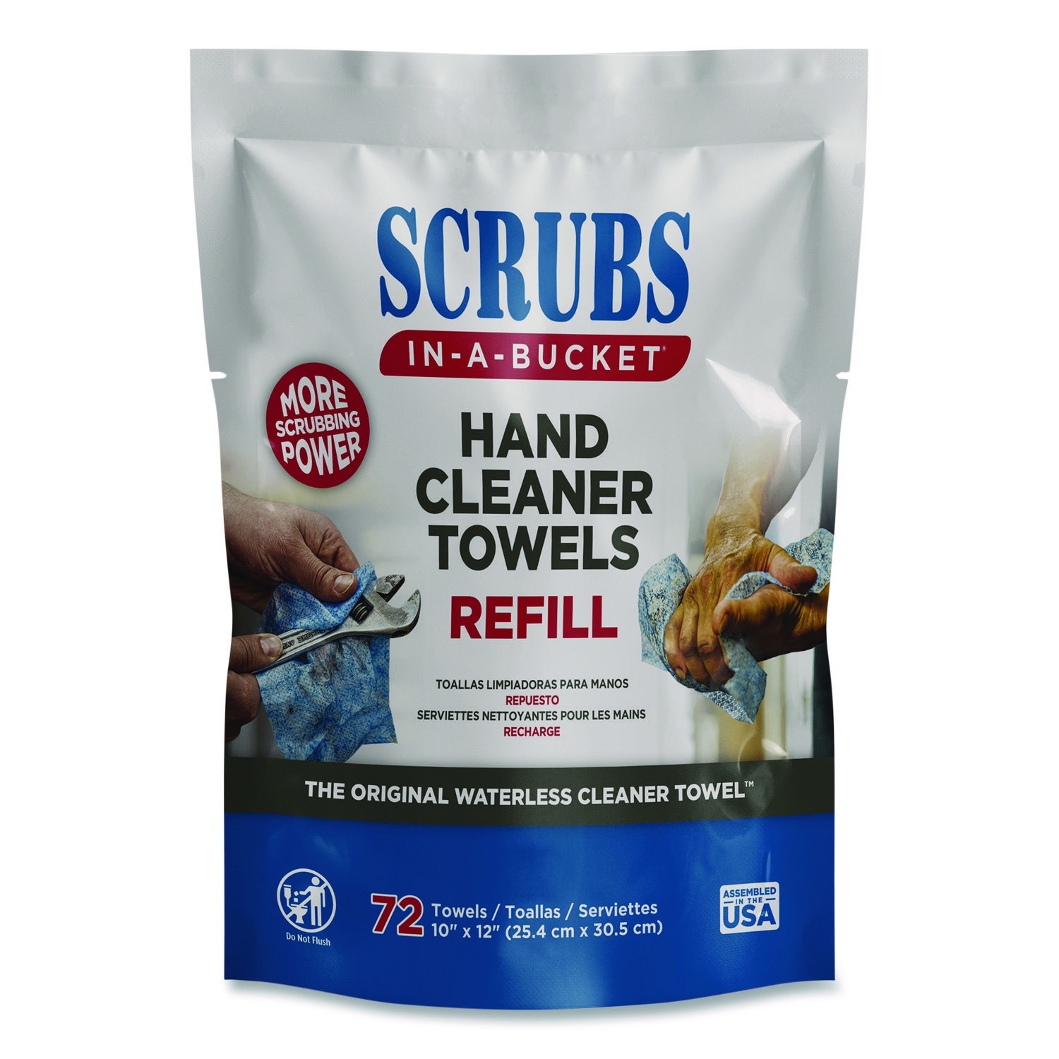 Hand Cleaner Towels, SCRUBS in-a-Bucket Refill, 1-Ply, 10 x 12, Citrus, Blue/White, 72/Pack, 6 Packs/Carton