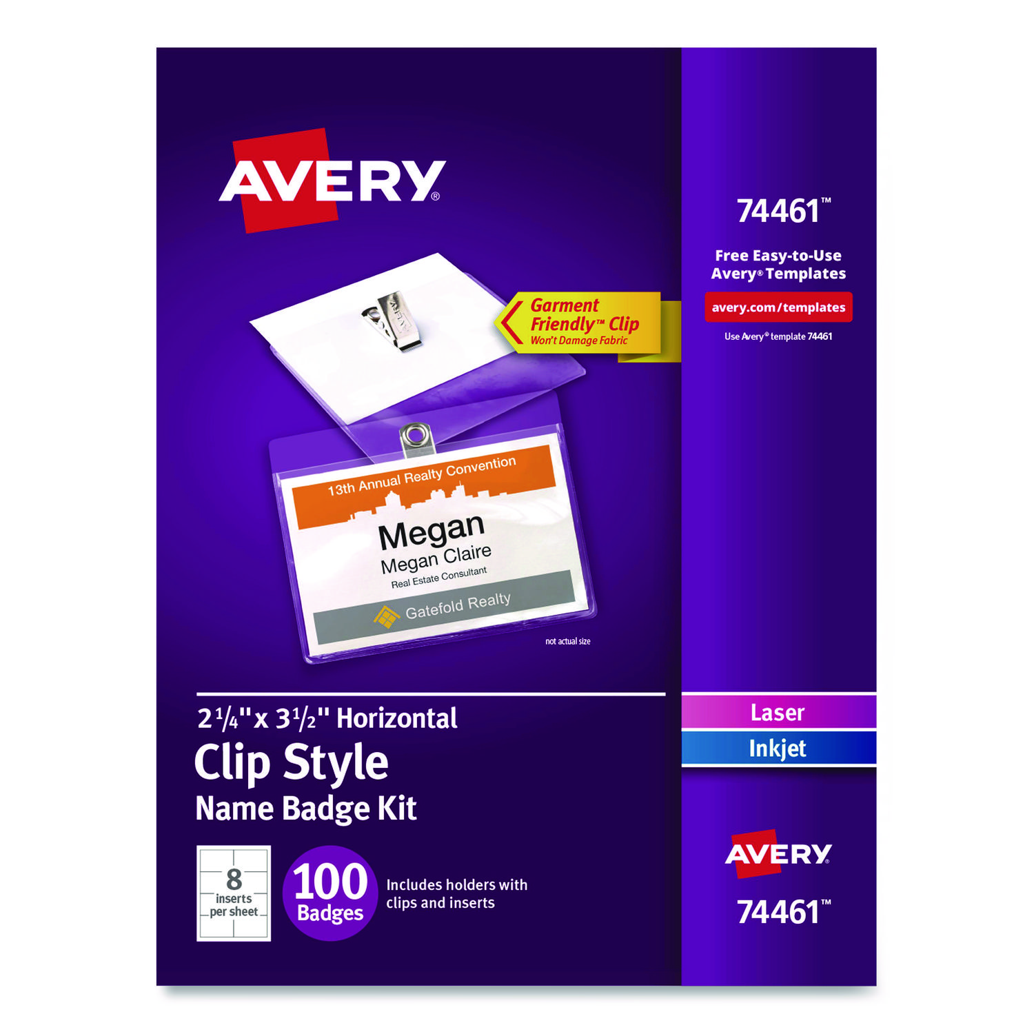 Clip-Style Badge Holder with Laser/Inkjet Insert, Top Load, 3.5 x 2.25, White, 100/Box