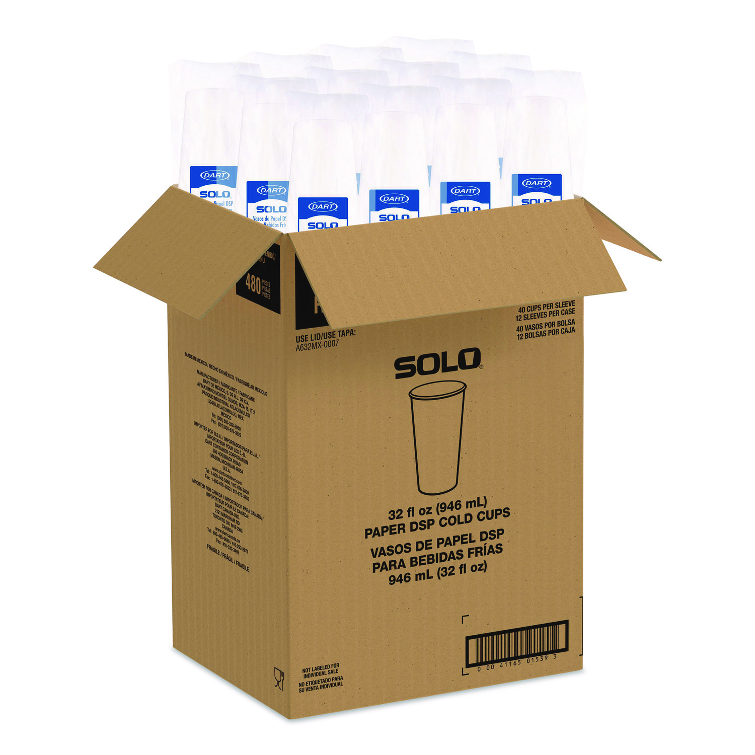 Double Sided Poly (DSP) Paper Cold Cups, 28 oz to 32 oz, White, 40 Cups/Sleeve, 12 Sleeves/Carton