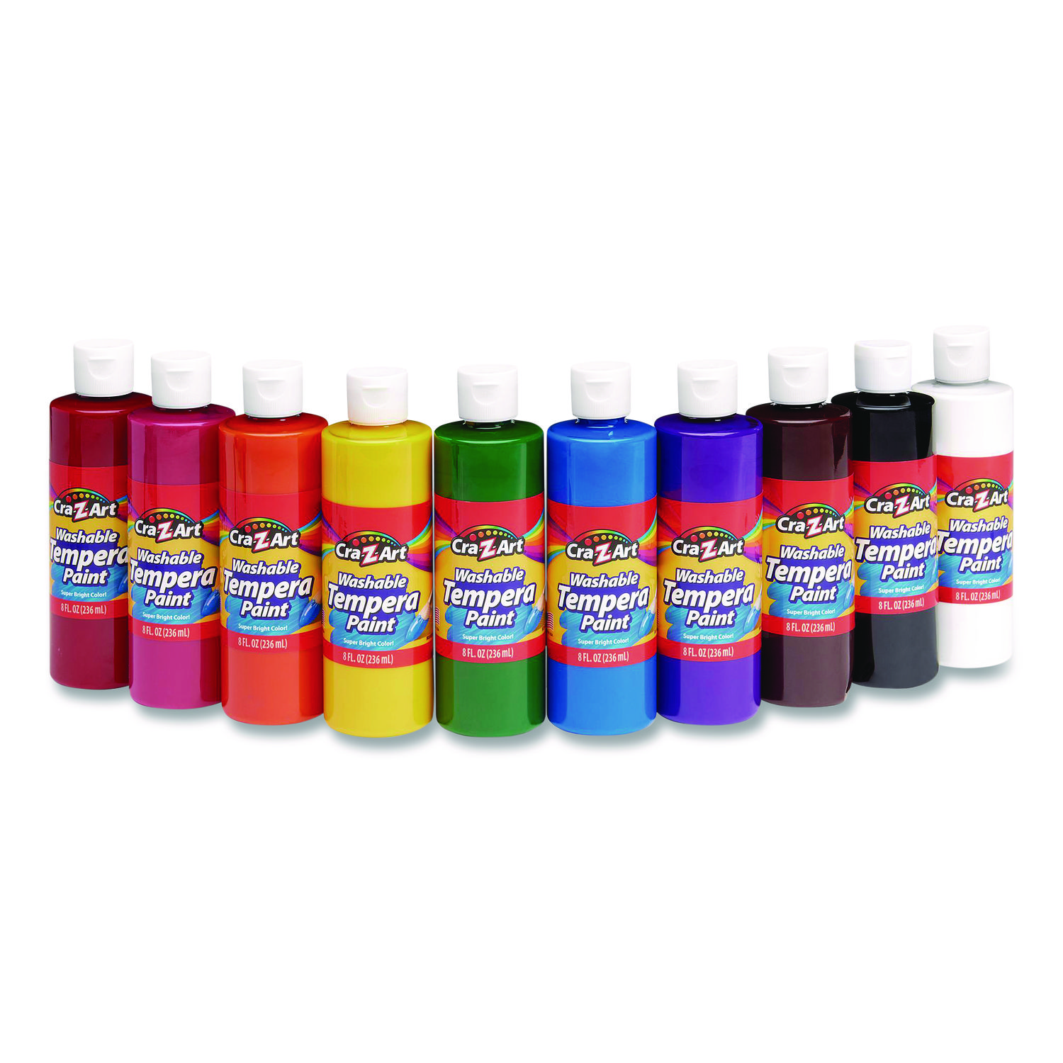 Washable Tempera Paint, 10 Assorted Colors, 8 oz Bottle, 10/Pack
