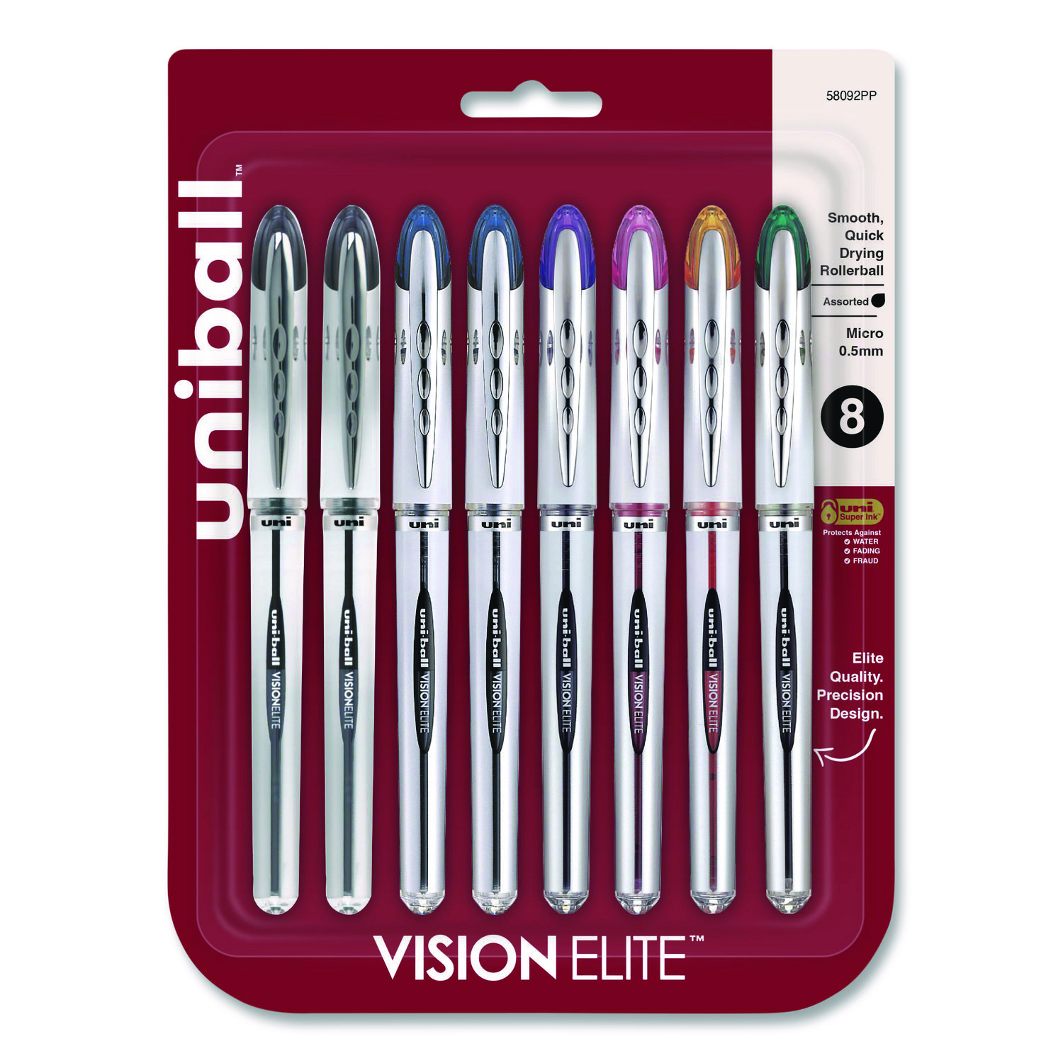 VISION ELITE Hybrid Gel Pen, Stick, Fine 0.5 mm, Assorted Ink and Barrel Colors, 8/Pack