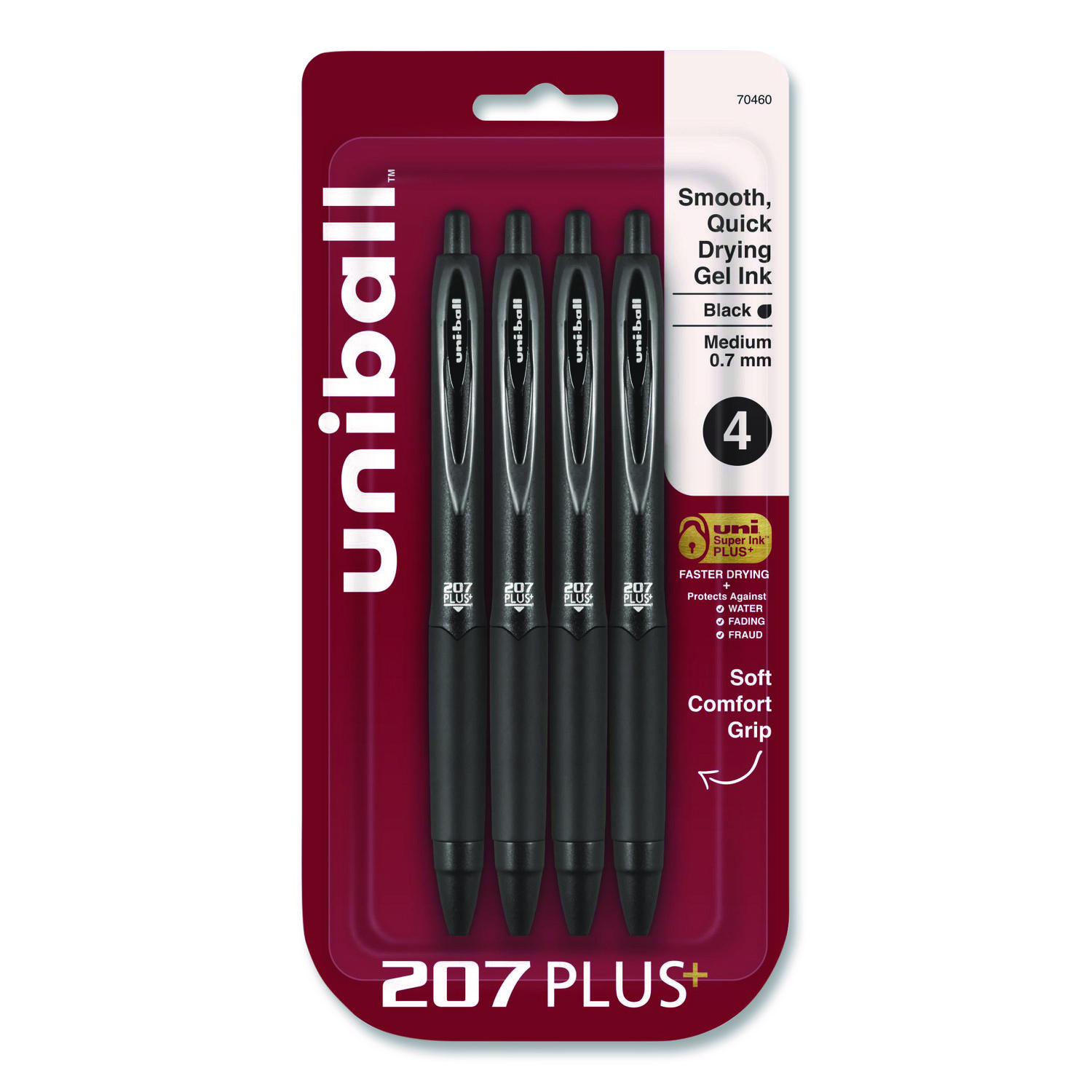 207 Plus+ Gel Pen, Retractable, Medium 0.7 mm, Black Ink, Black Barrel, 4/Pack