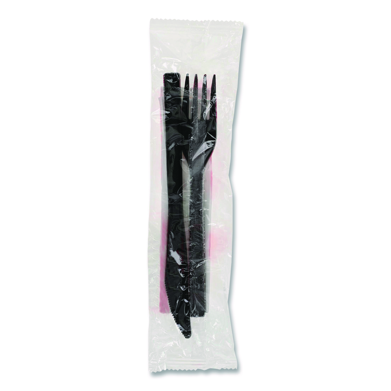 Gardenware Cutlery Kit, Individually Wrapped, Heavyweight, Fork/Knife/Napkin, Plastic, Black, 500/Carton