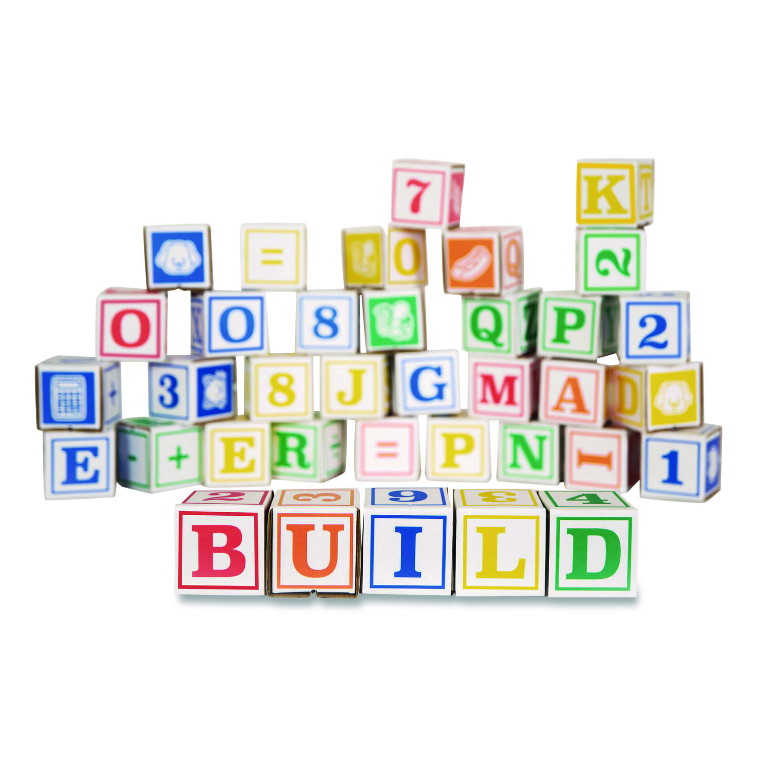 At Play 123 ABC Learning Blocks, Corrugated Board, 3" x 3" x 3", Assorted Colors, 50/Pack