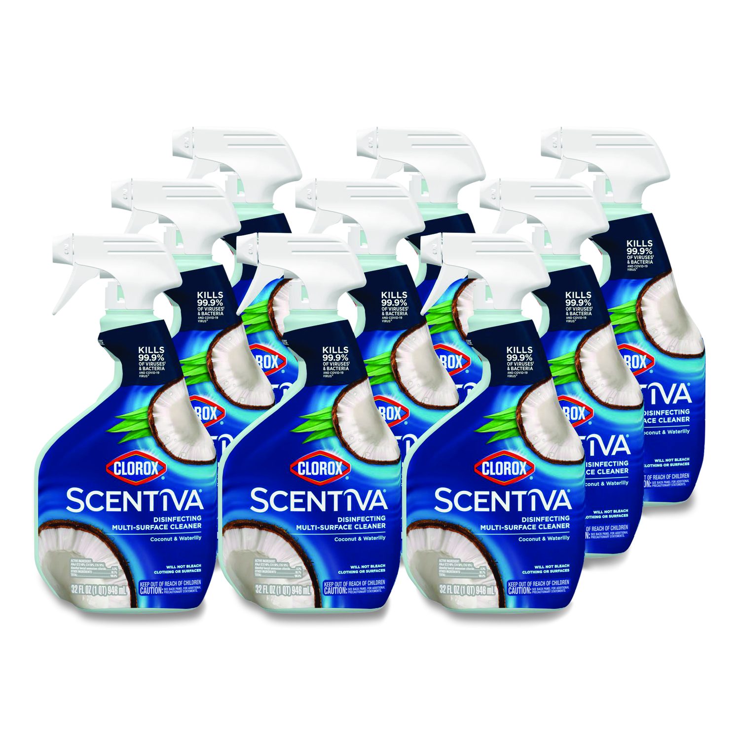 Scentiva Disinfecting Multi-Surface Cleaner, Bleach Free, Coconut and Waterlily Scent, 32 oz Spray Bottle, 9/Carton