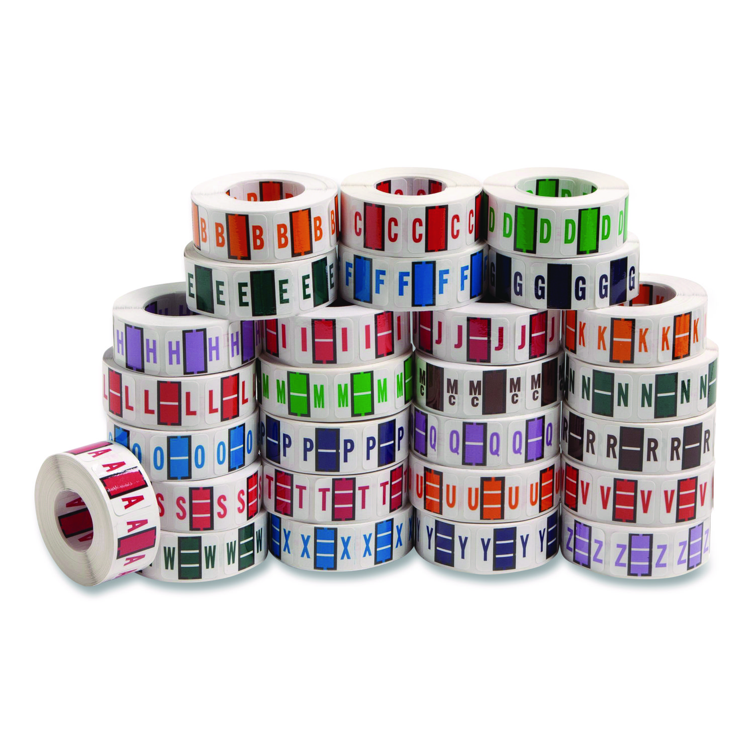 A-Z Color-Coded End Tab Filing Labels, A-Z, 1 x 1.25, White, 500/Roll, 26 Rolls/Box