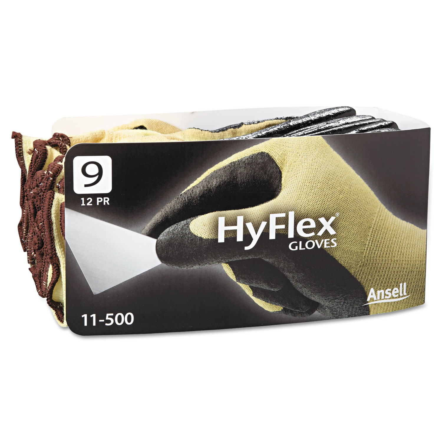  AnsellPro 103338 HyFlex Ultra Lightweight Assembly Gloves, Black/Yellow, Size 9, 12 Pairs (ANS115009) 