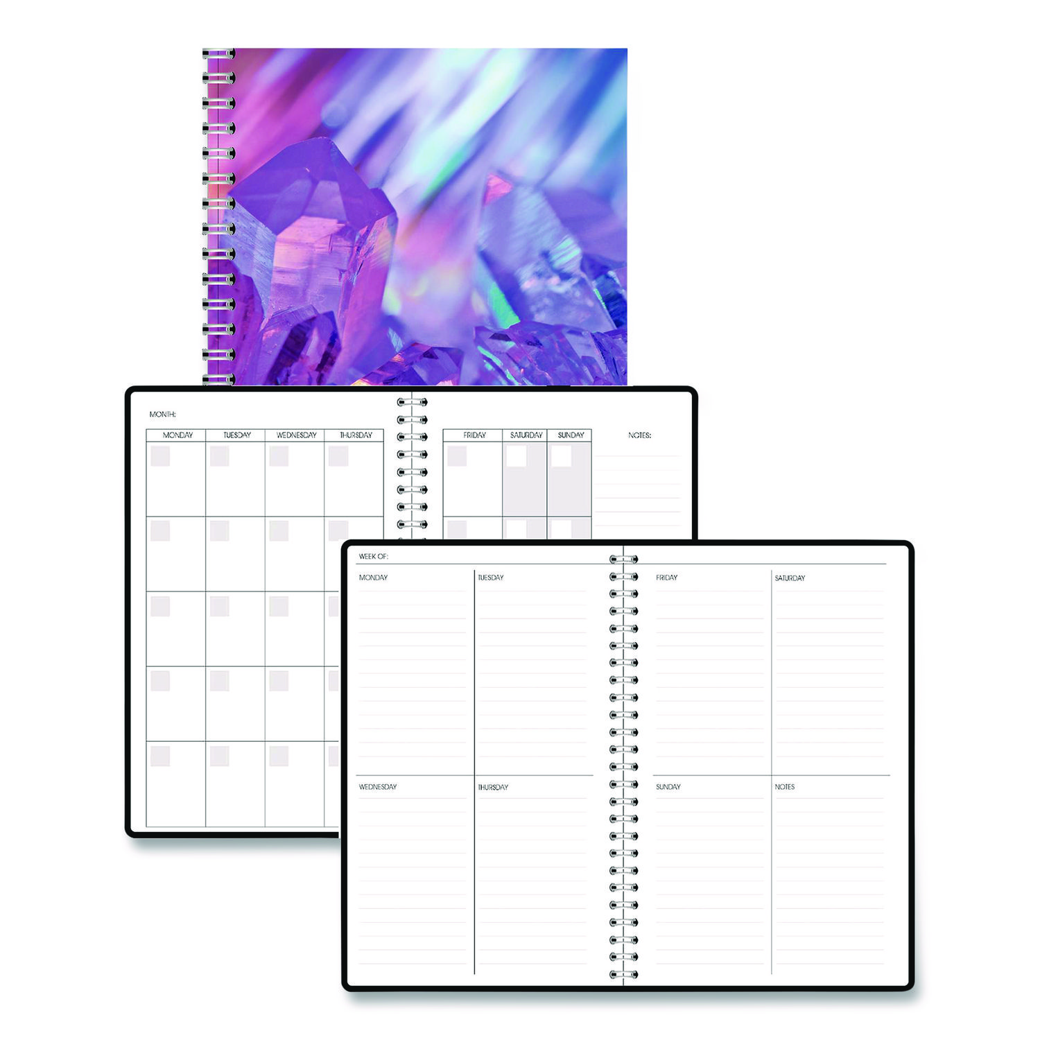 Recycled Non-Dated Monthly/Weekly Planner, Crystals, Blue/Pink/White Cover, Undated