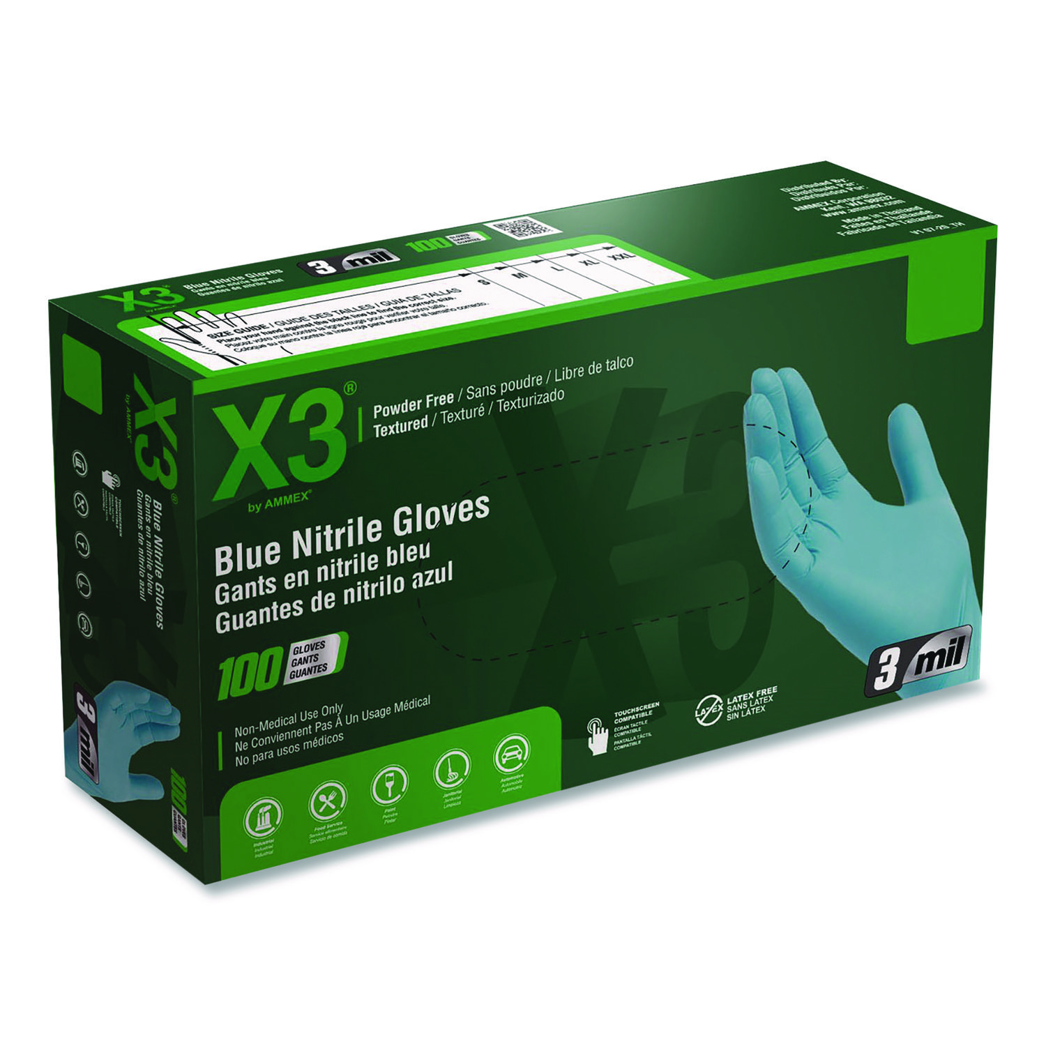 Industrial Nitrile Gloves, Powder-Free, X-Large, 3 mil Thick, 9.5" Long, Blue, 100/Box