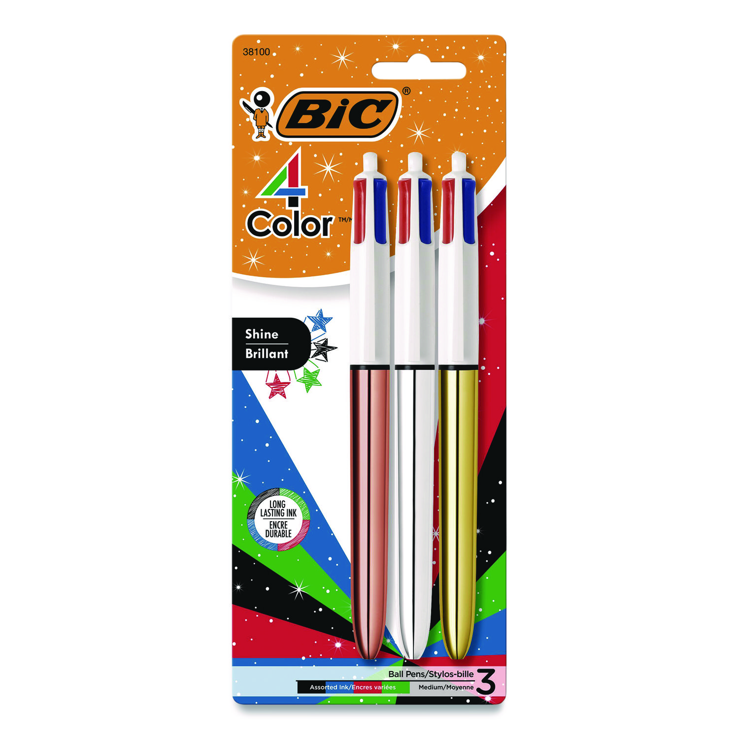 4-Color Shine Multi-Color Ballpoint Pen, Retractable, Medium 1mm, Black/Blue/Green/Red Ink, Assorted Metallic Barrels, 3/Pack