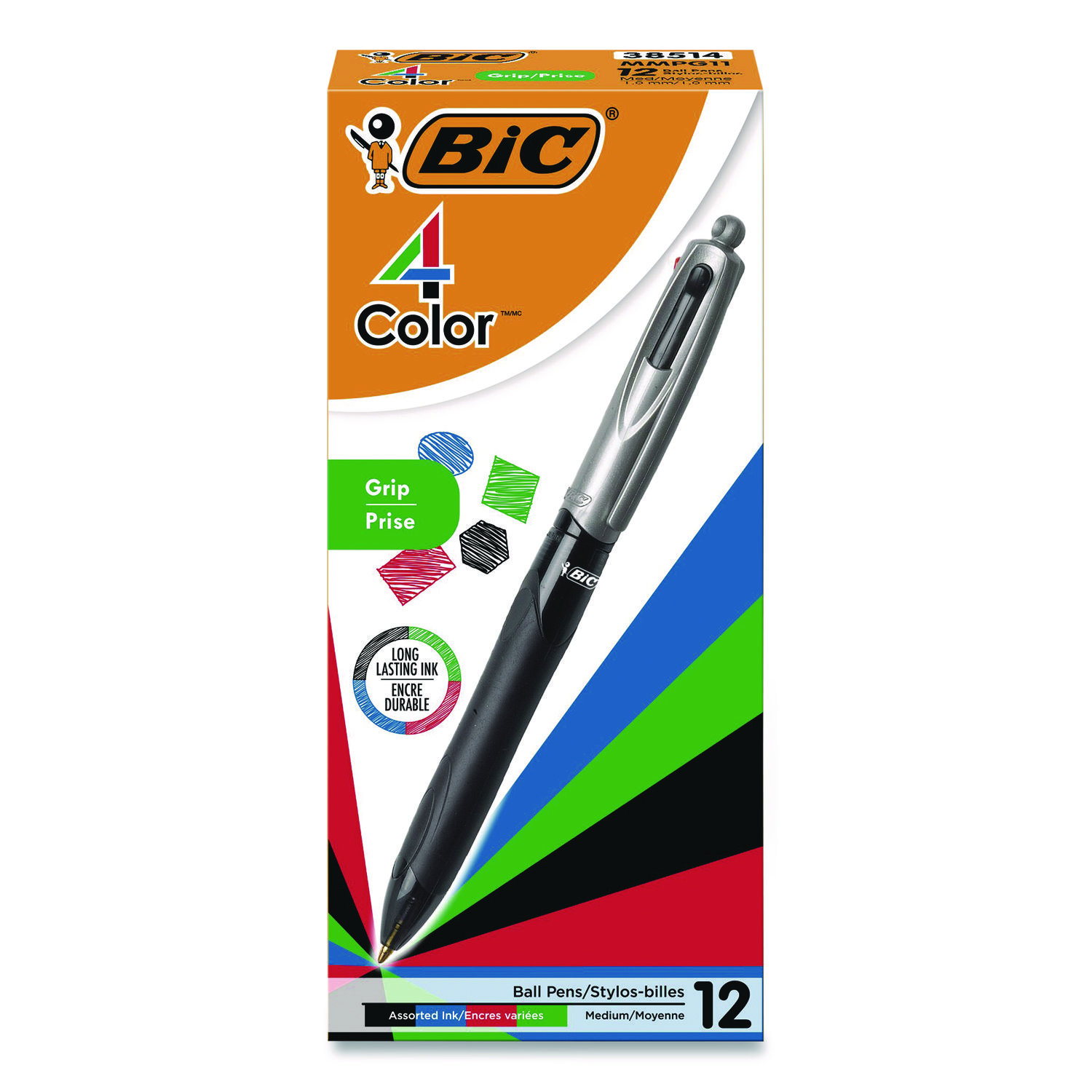 4-Color Pro Grip Multi-Color Ballpoint Pen, Retractable, Medium 1 mm, Black/Blue/Green/Red Ink, Black/Gray Barrel, Dozen