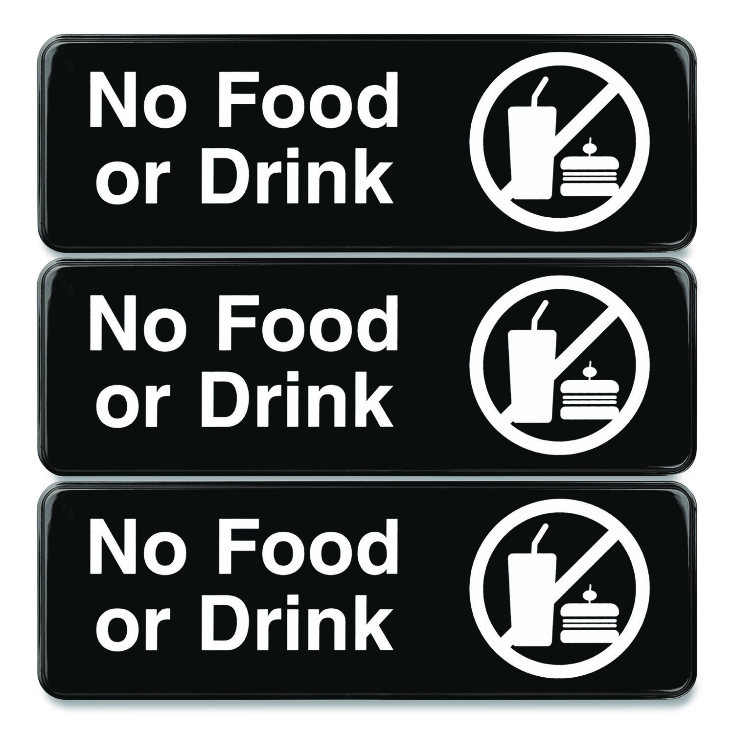 No Food or Drink Wall Sign, 9" x 3", Black Face, White Graphics, 3/Pack