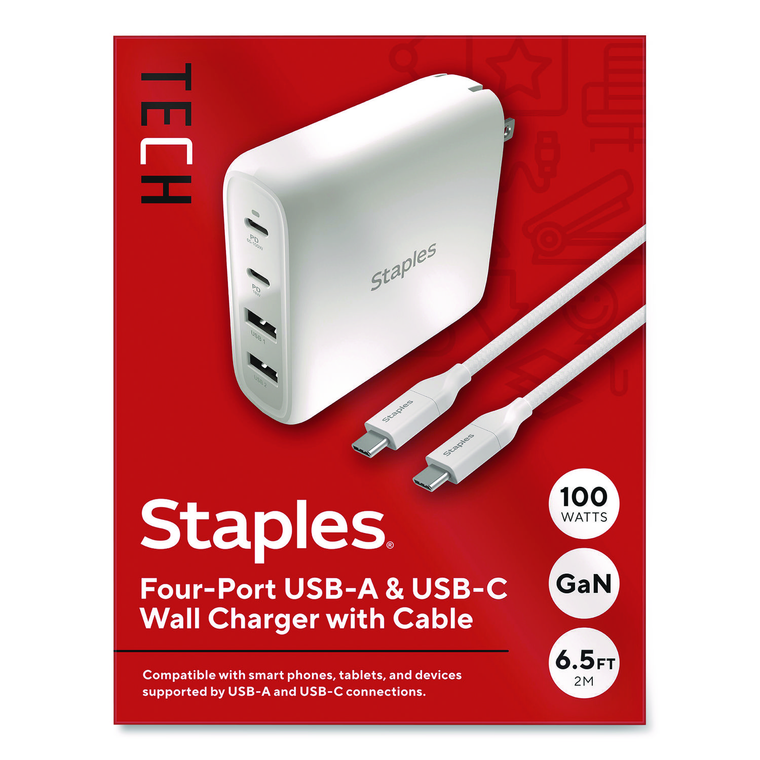 GaN USB-A/USB-C Wall Charger with Cable, 100 W, 4 Ports, White