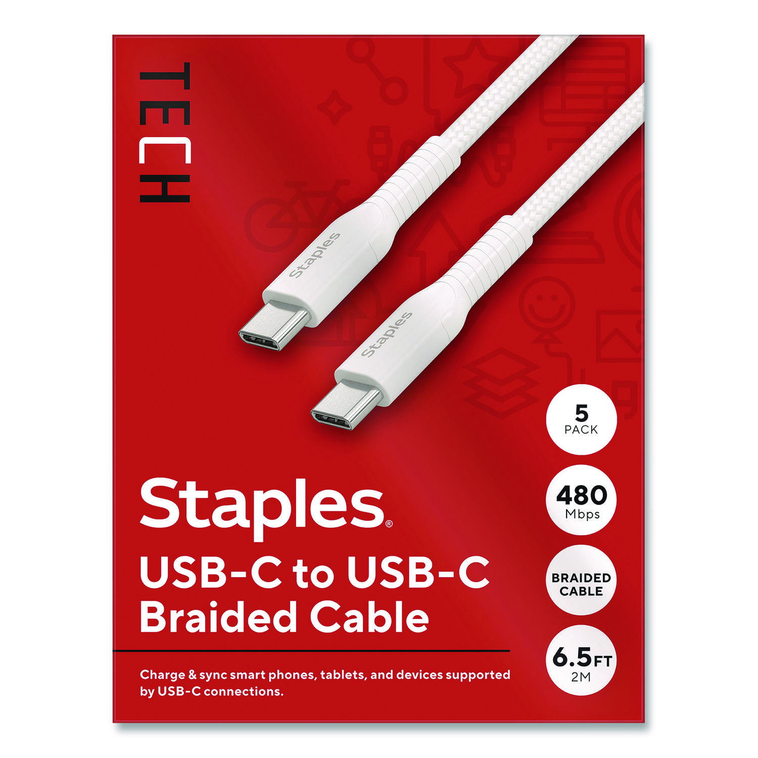 USB-C to USB-C 2.0 Charging Cable, 6.5 ft, White, 5/Pack