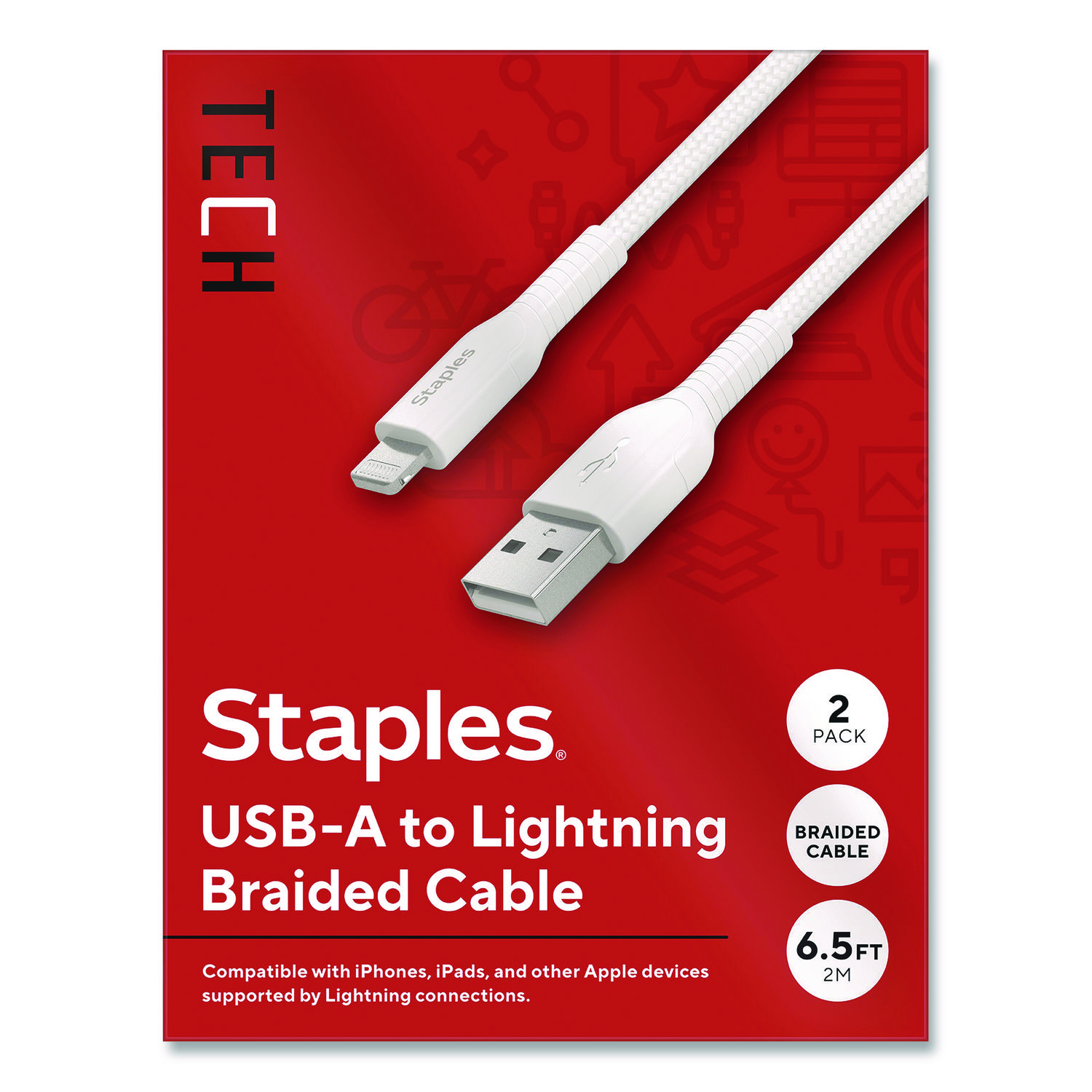 Lightning to USB-A Charging Cable, 6.6 ft, White, 2/Pack