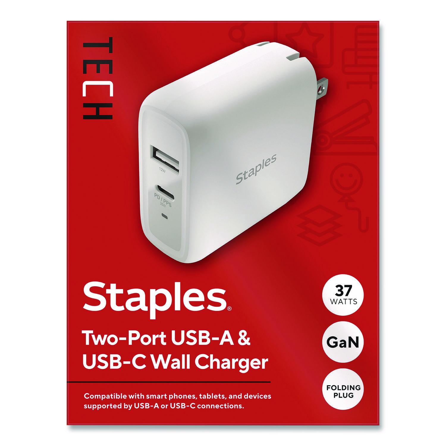 GaN USB-A/USB-C Wall Charger, 37 W, 2 Ports, White