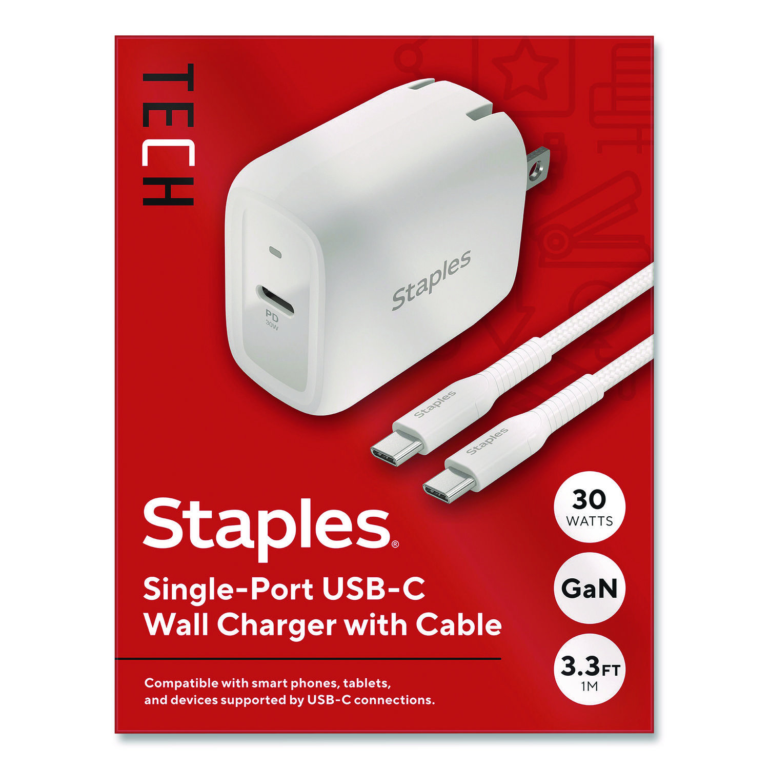 GaN USB-C Wall Charger with Cable, 30 W, 1 Port, White