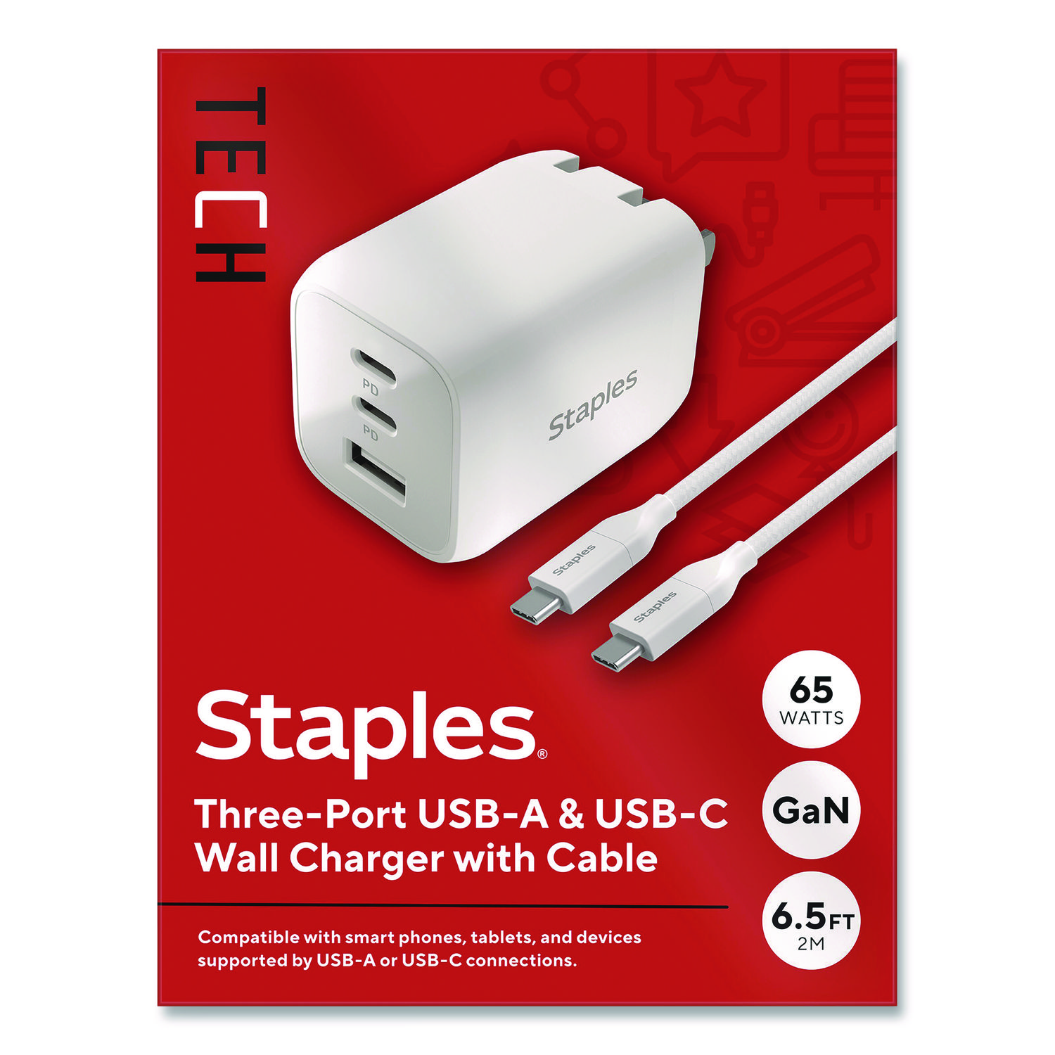 GaN USB-A/USB-C Wall Charger with Cable, 65 W, 3 Ports, White