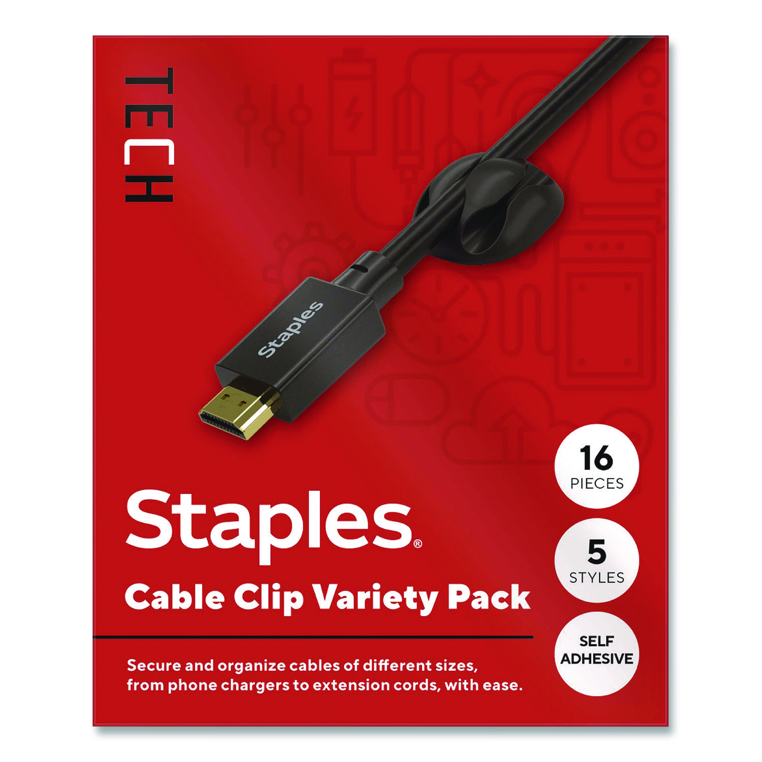 Cord Clips, Assorted Sizes, Black, 16/Pack