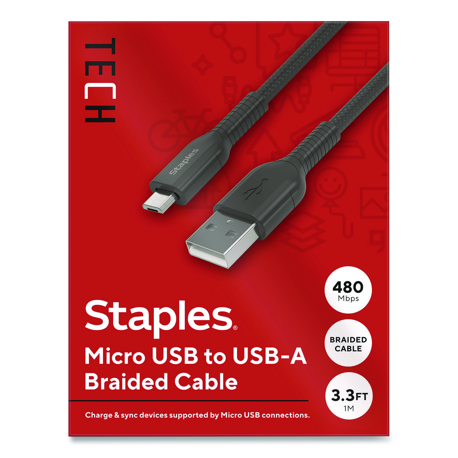 Micro USB to USB-A 2.0 Charging Cable, 3.3 ft, Black